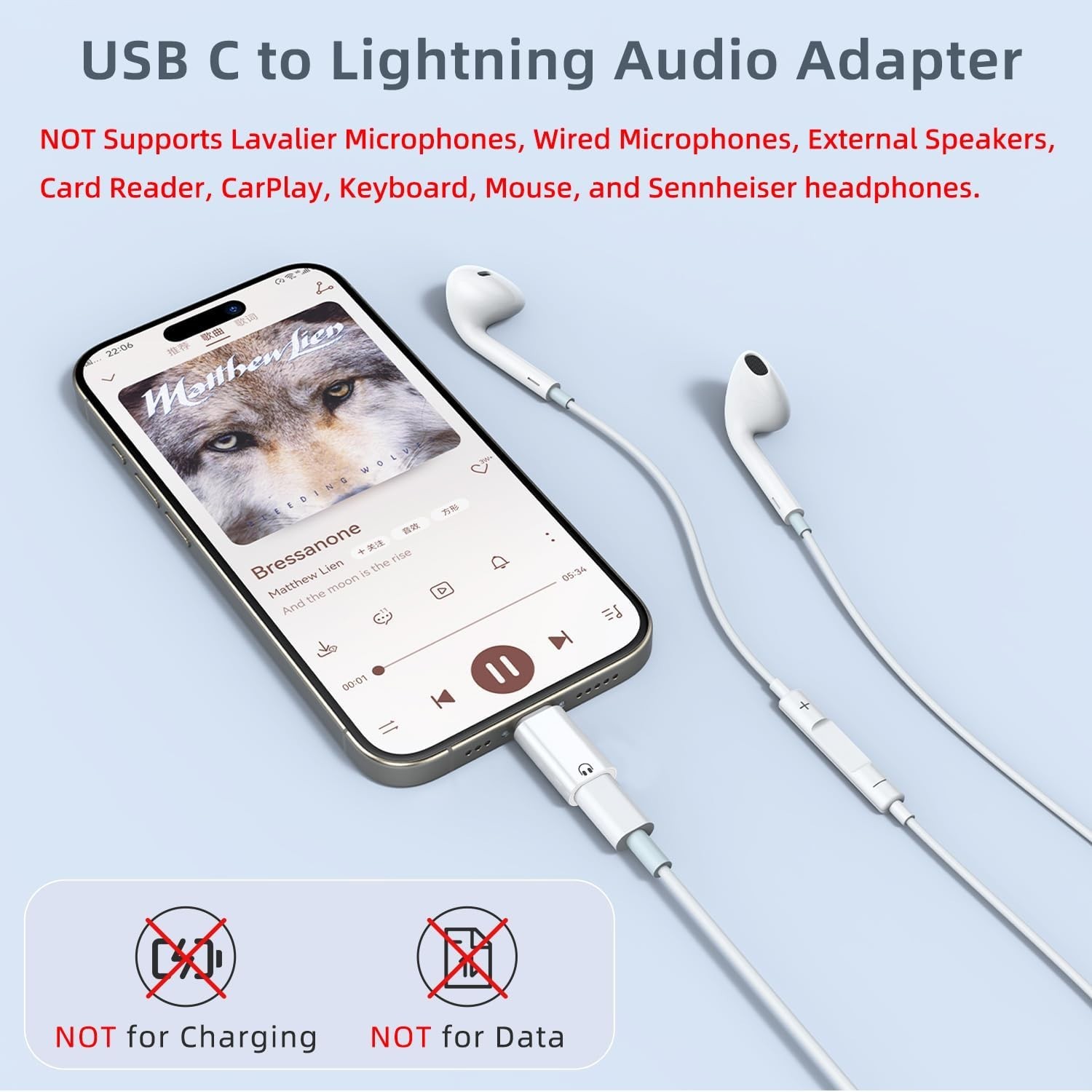 2 Pack USB C to Light-ning Earphone Audio Adapter Converter for iPhone White
