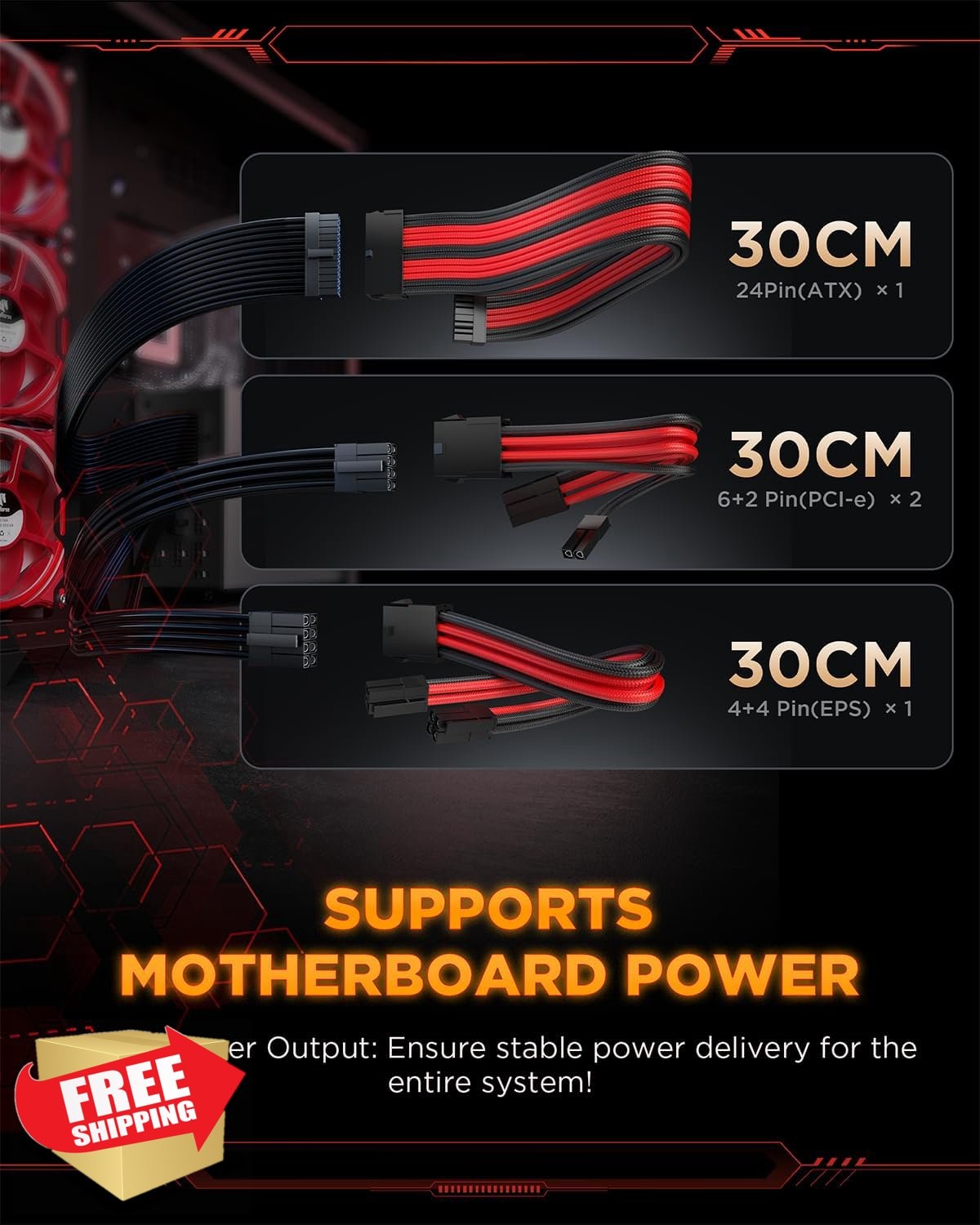 AsiaHorse PSU Cable Extension Kit Black/Red 30CM