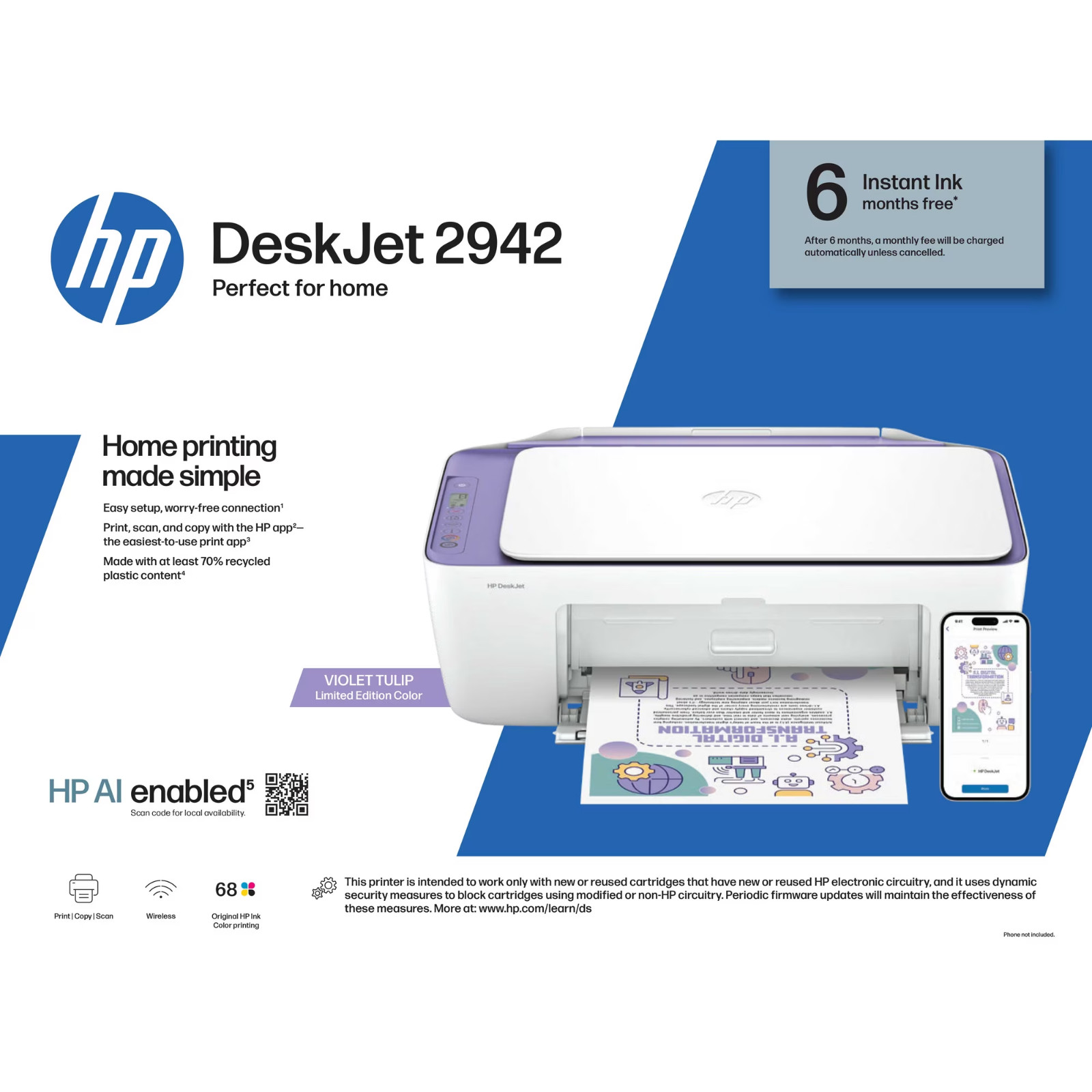 HP DeskJet 2942 Wireless All-in-One Color Inkjet Printer, Violet Tulip