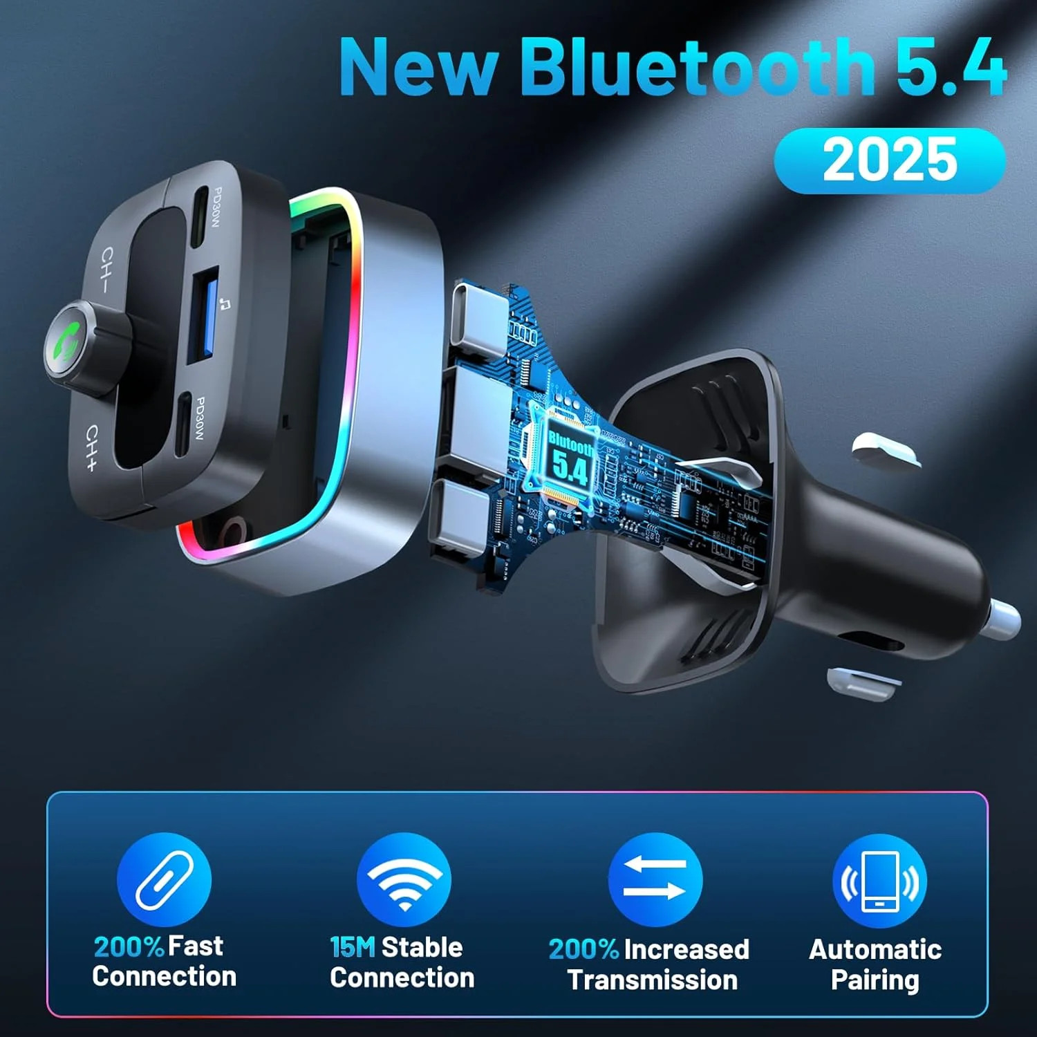 Bluetooth 5.4 Car FM Transmitter Adapter 60W Fast Charger Handsfree LED