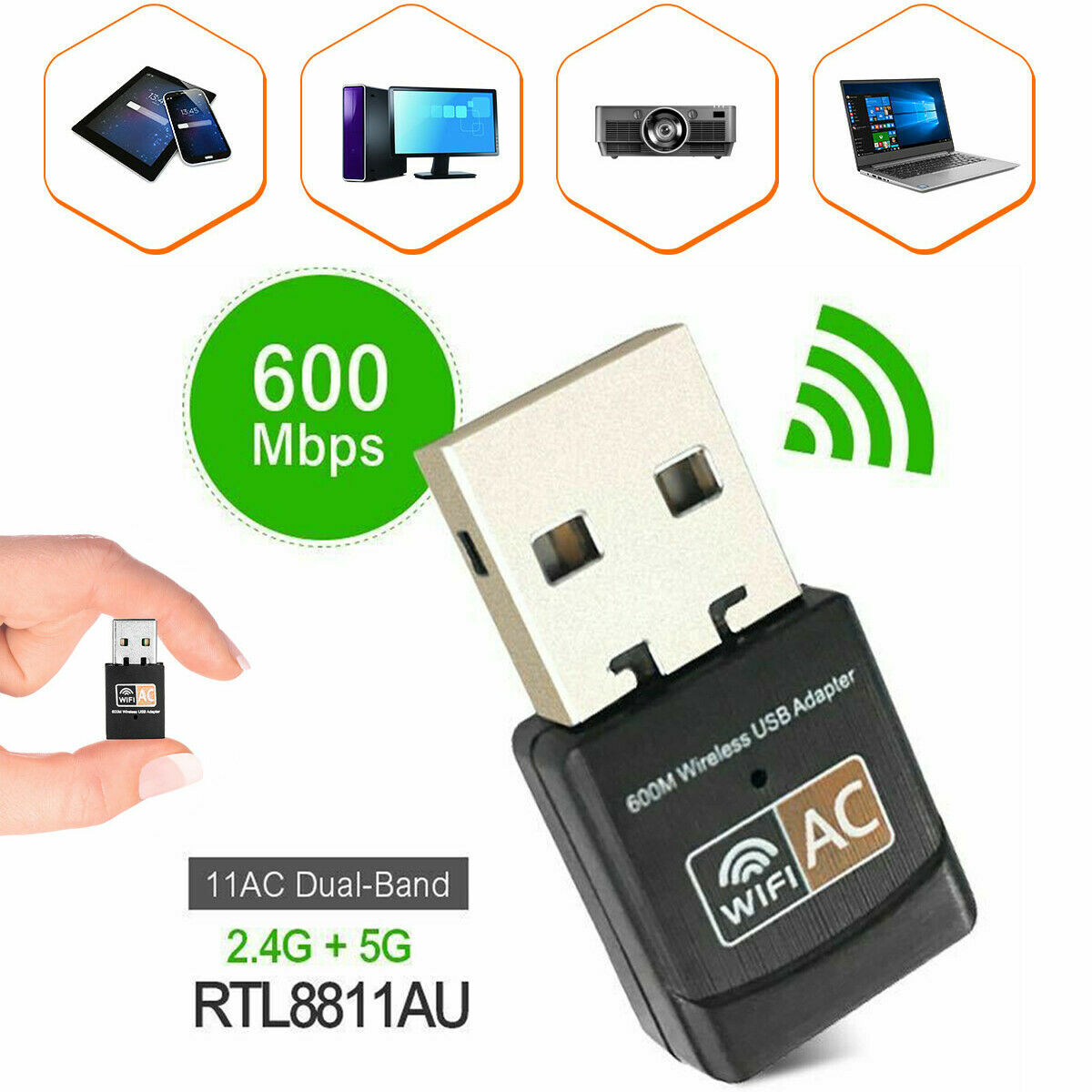 600Mbps Wireless USB Ethernet PC WiFi AC Adapter Lan 802.11 Dual Band 2.4G / 5G