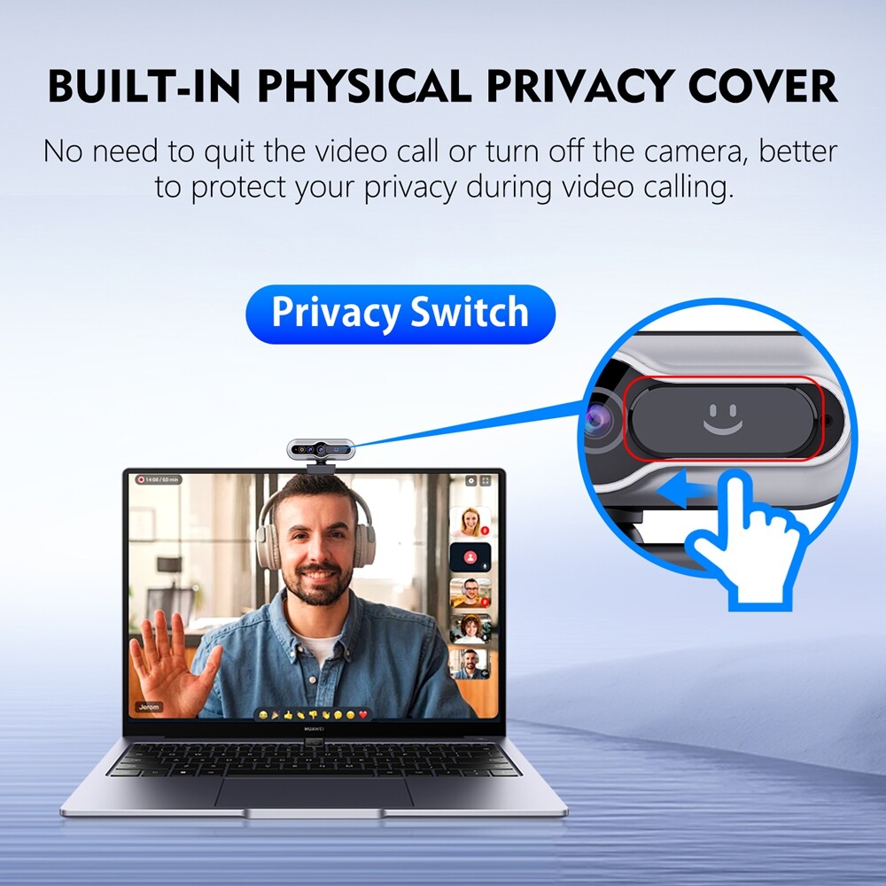 TOALLIN 2K Auto-Focus QHD Webcam Windows Hello Privacy Shutter w/Microphone New