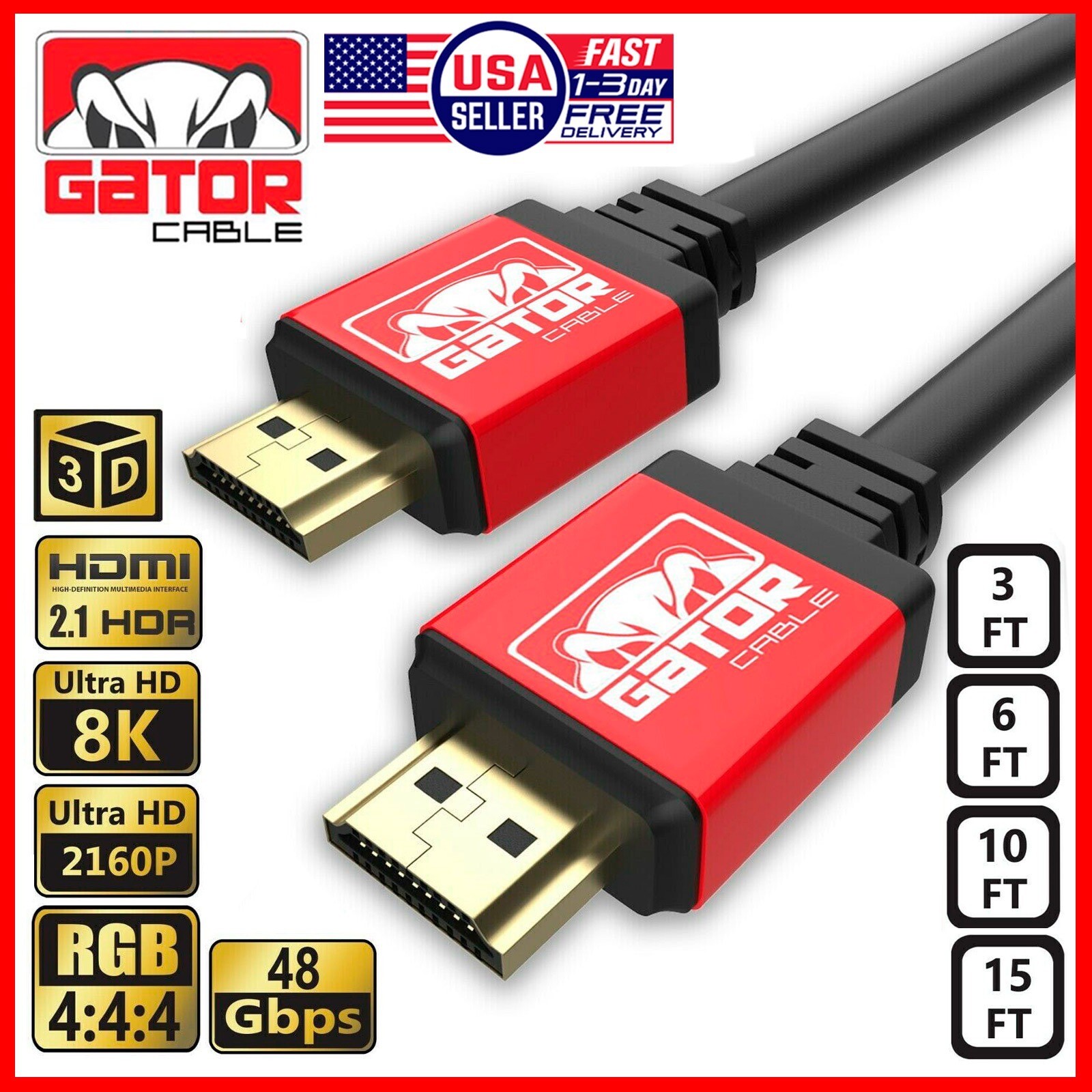 8K HDMI 2.1 UHD Cable HDTV 3D 2160P HDR 120Hz 48Gbps Dolby HDCP 2.2 RGB 4:4:4