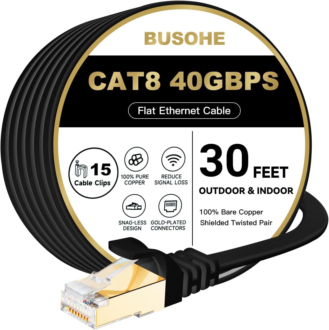 30FT Cat 8 Ethernet Cable – Durable, High-Speed Shielded Network Cord with Clips