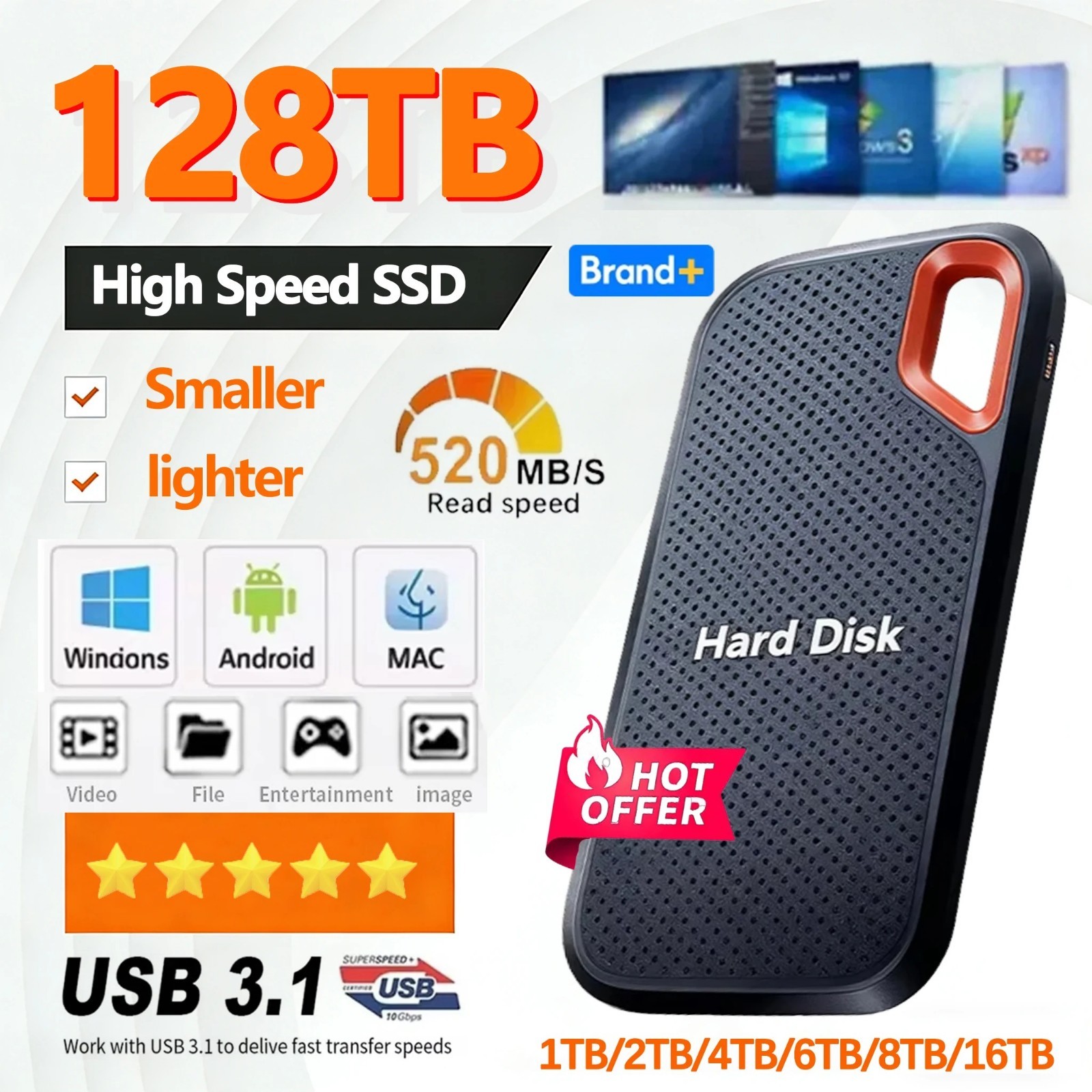 external hard drive 1TB High Speed Capacity Solid State Usb3.2 Laptop Mac And PC