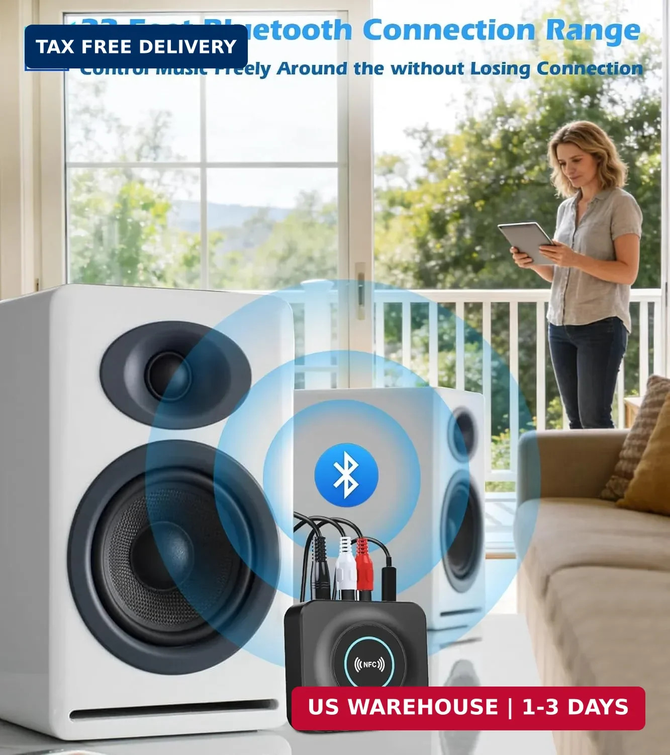 Bluetooth Receiver for Home Stereo, AUX RCA Adapter, 33ft Wireless Range