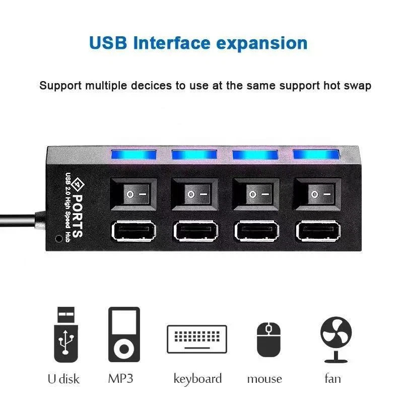 USB Hub 7 Port On/Off Switch High Speed Splitter AC Adapter Cable PC Laptop Lot