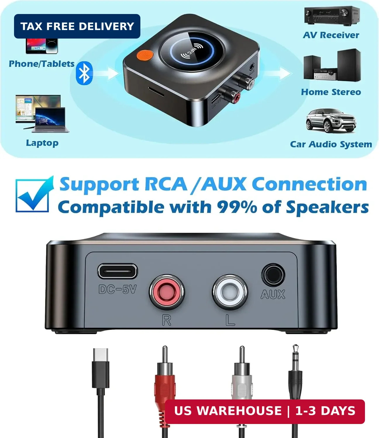 Bluetooth Receiver for Home Stereo, AUX RCA Adapter, 33ft Wireless Range
