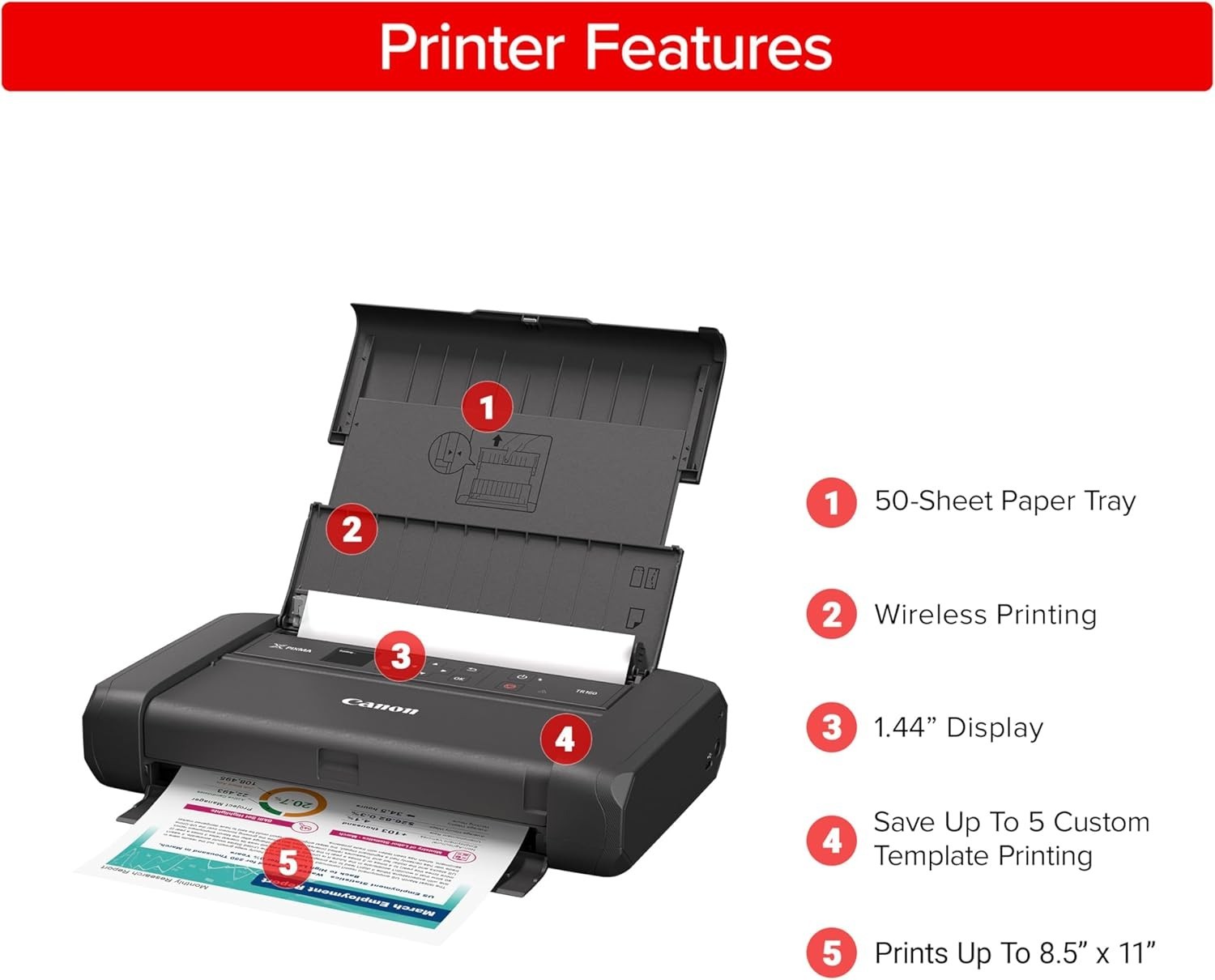 PIXMA TR160 Wireless Portable Printer, 50-Sheet Paper Tray and 1.44″ Display