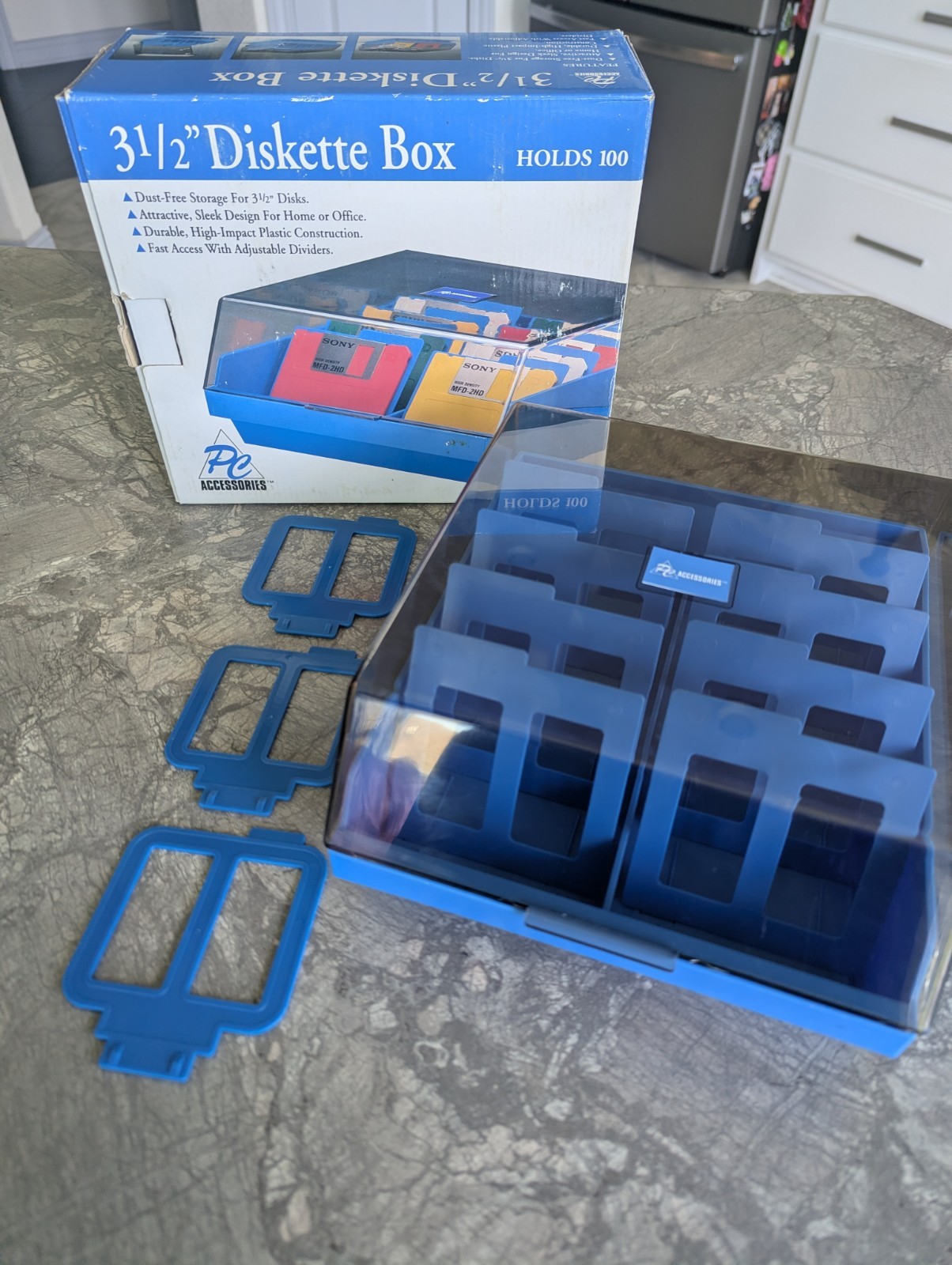 PC Accessories 3.5″ Diskette Floppy Disks Storage Box Blue 100 Capacity w/Box