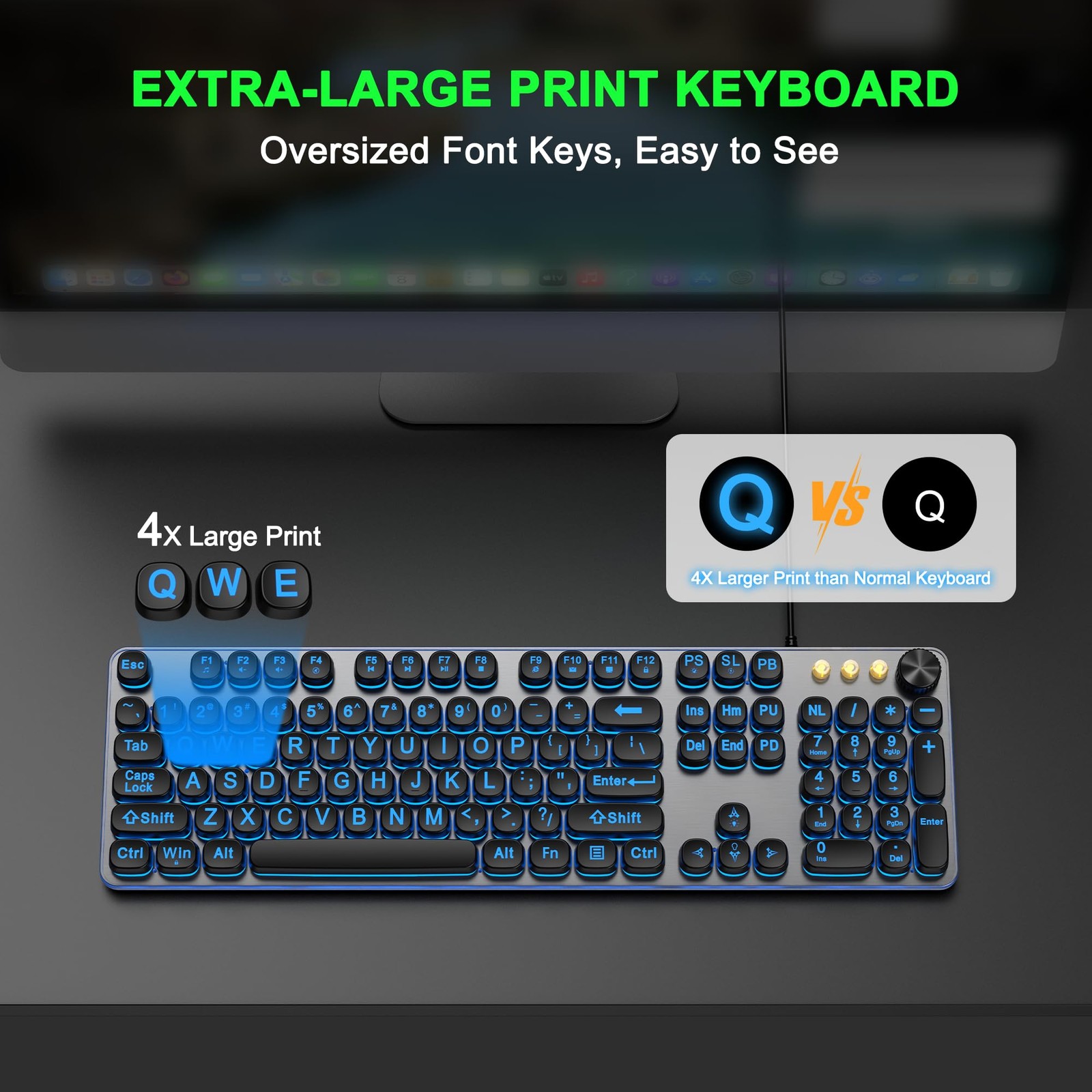 Large Print Backlit Keyboard with 7-Color Backlit, Wired USB Lighted Computer…