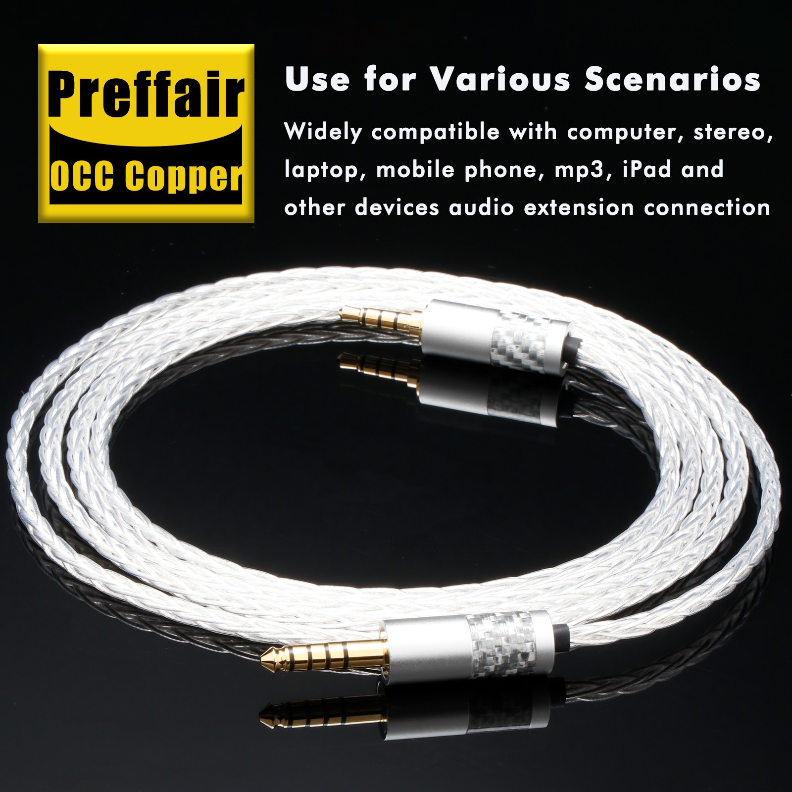 4.4mm to 3.5mm Male OCC Silver Plated Balanced Hifi Audio Aux Jack Cable Adapter