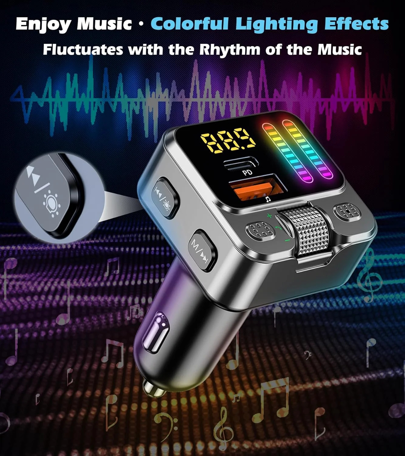 Bluetooth 5.3 FM Transmitter Car Adapter 42W PD Fast Charger Handsfree