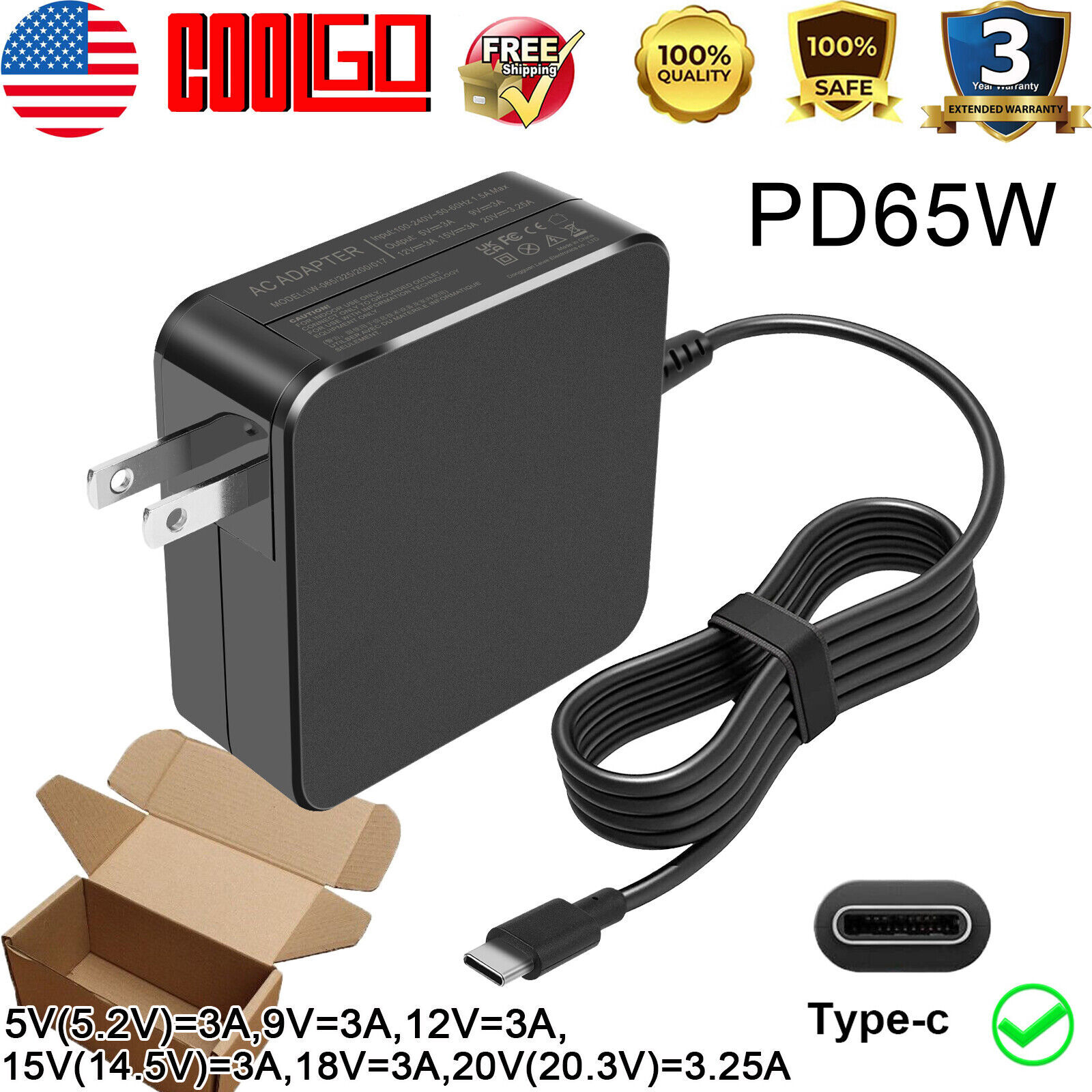 LOT 65W Type-C USB-C Laptop Adapter Charger for Dell HP Lenovo ASUS Acer Phone