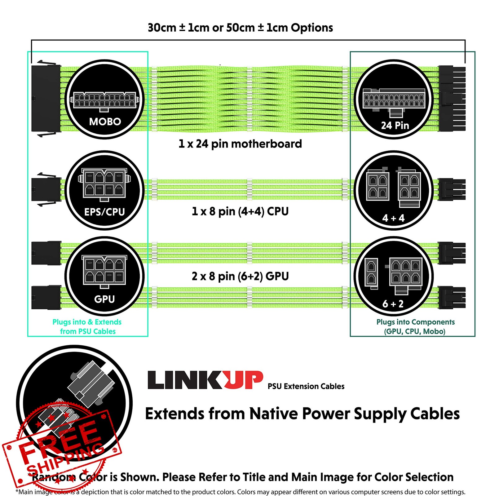 LINKUP 30cm 4-Pack PSU Cable Metallic Silver w/Comb Kit