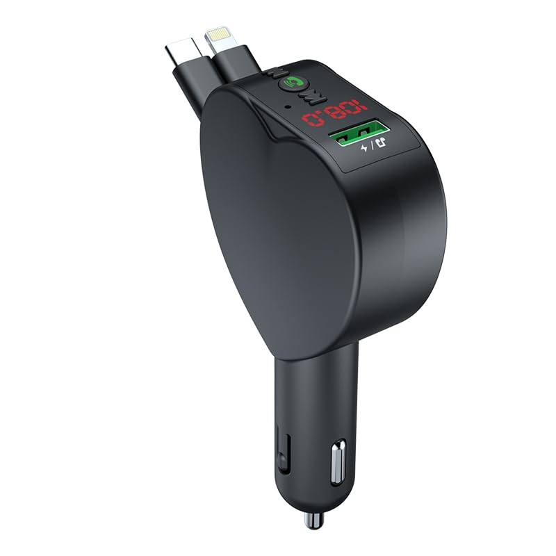  Bluetooth 5.3 Car Adapter with Retractable Fast Charger, FM Transmitter Rad…