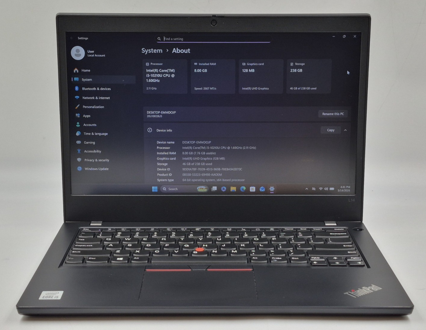 Lenovo ThinkPad L14 Laptop i5-10210U 1.60GHz 16GB RAM 256GB NVMe SSD Win 11 Pro