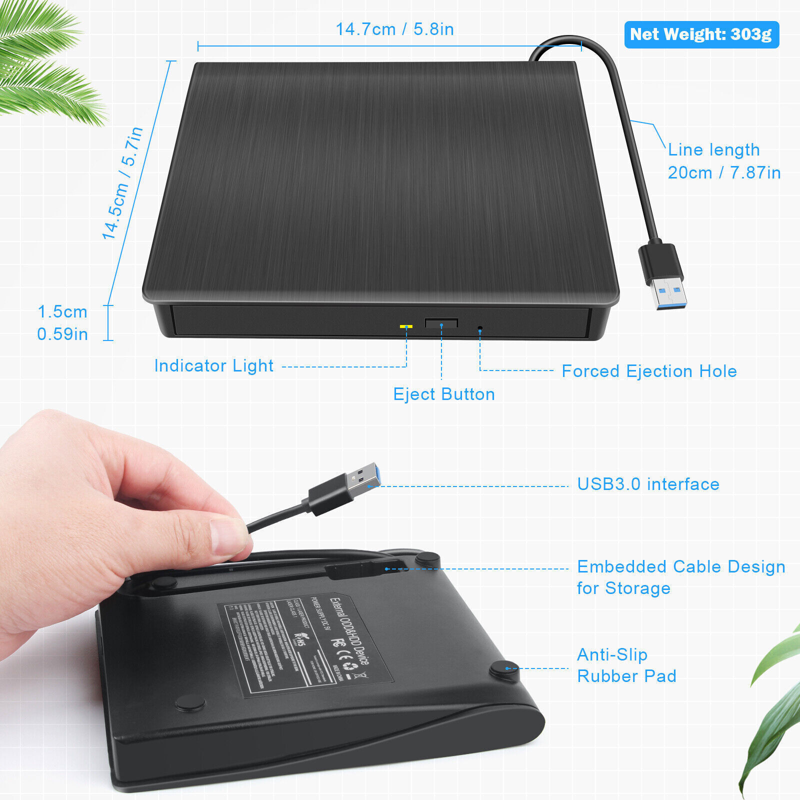 7 in 1 Slim External CD DVD Drive USB 3.0 USB C Disc Player Burner Writer Laptop