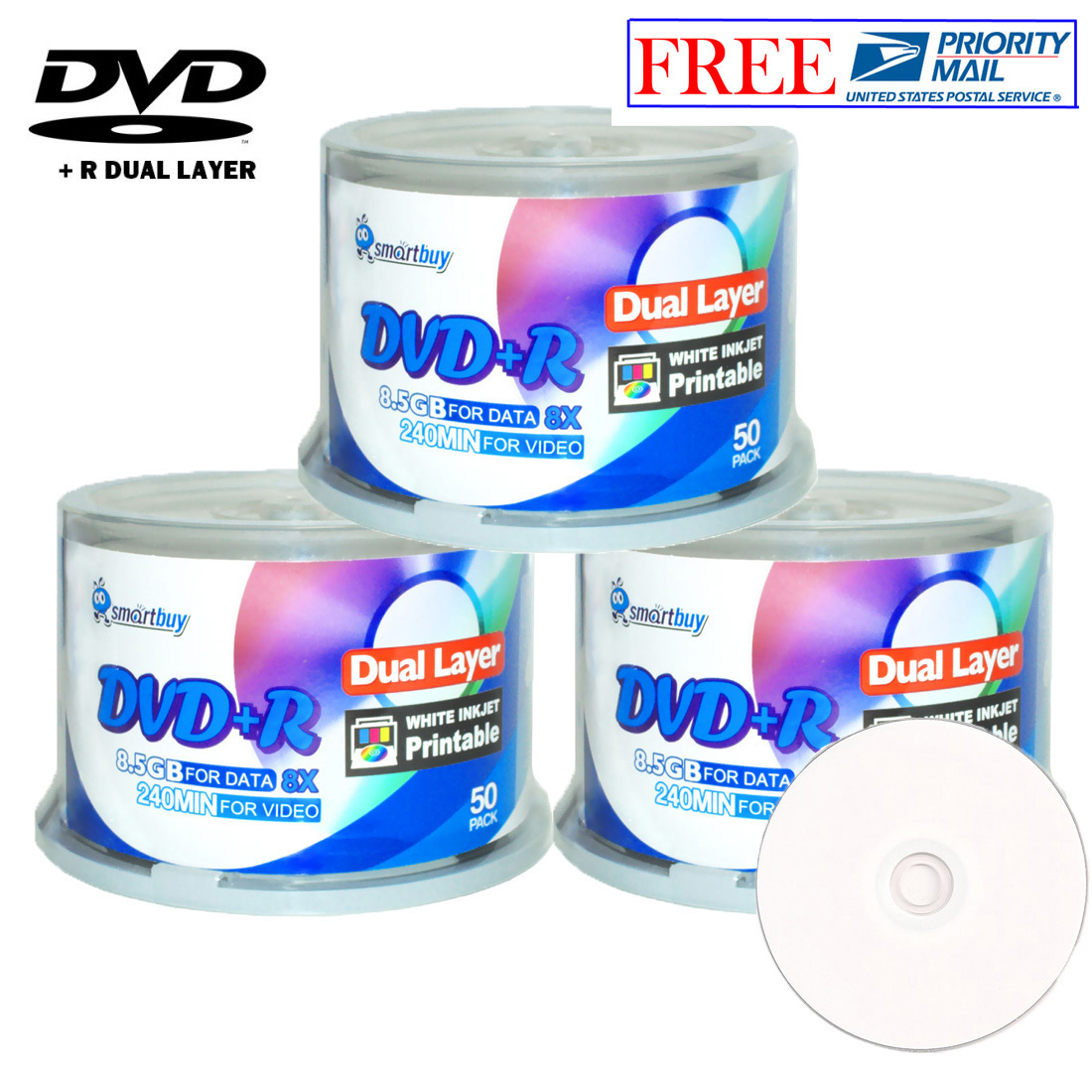 150-Pack SmartBuy White Inkjet Hub Printable DVD+R DL 8x Dual Layer Record Disc
