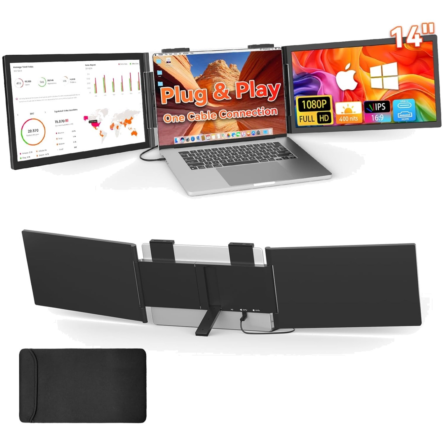 14″ Laptop Screen Extender, USB-C HDMI, Wireless Dual Screen