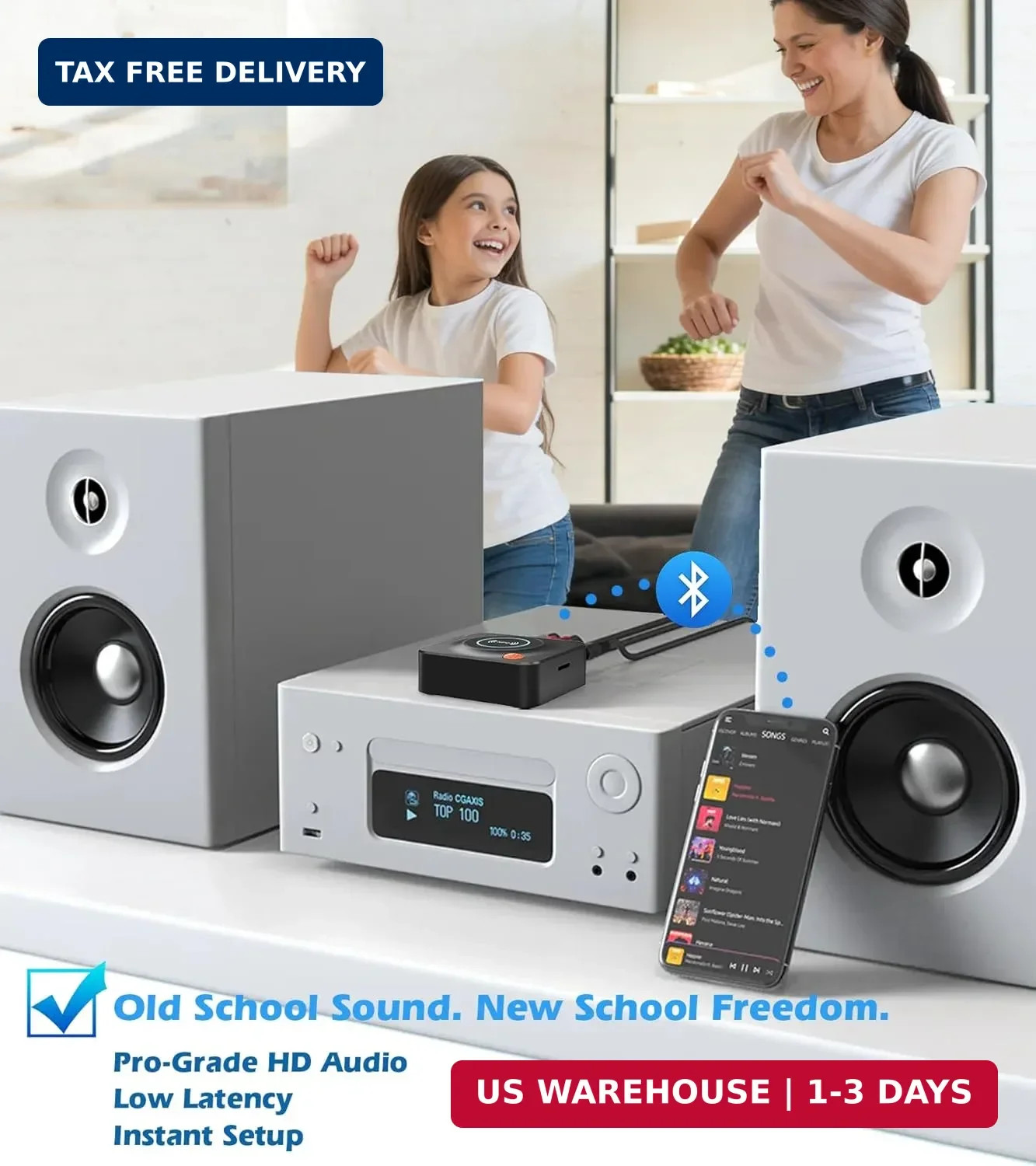 Bluetooth Receiver for Home Stereo, AUX RCA Adapter, 33ft Wireless Range