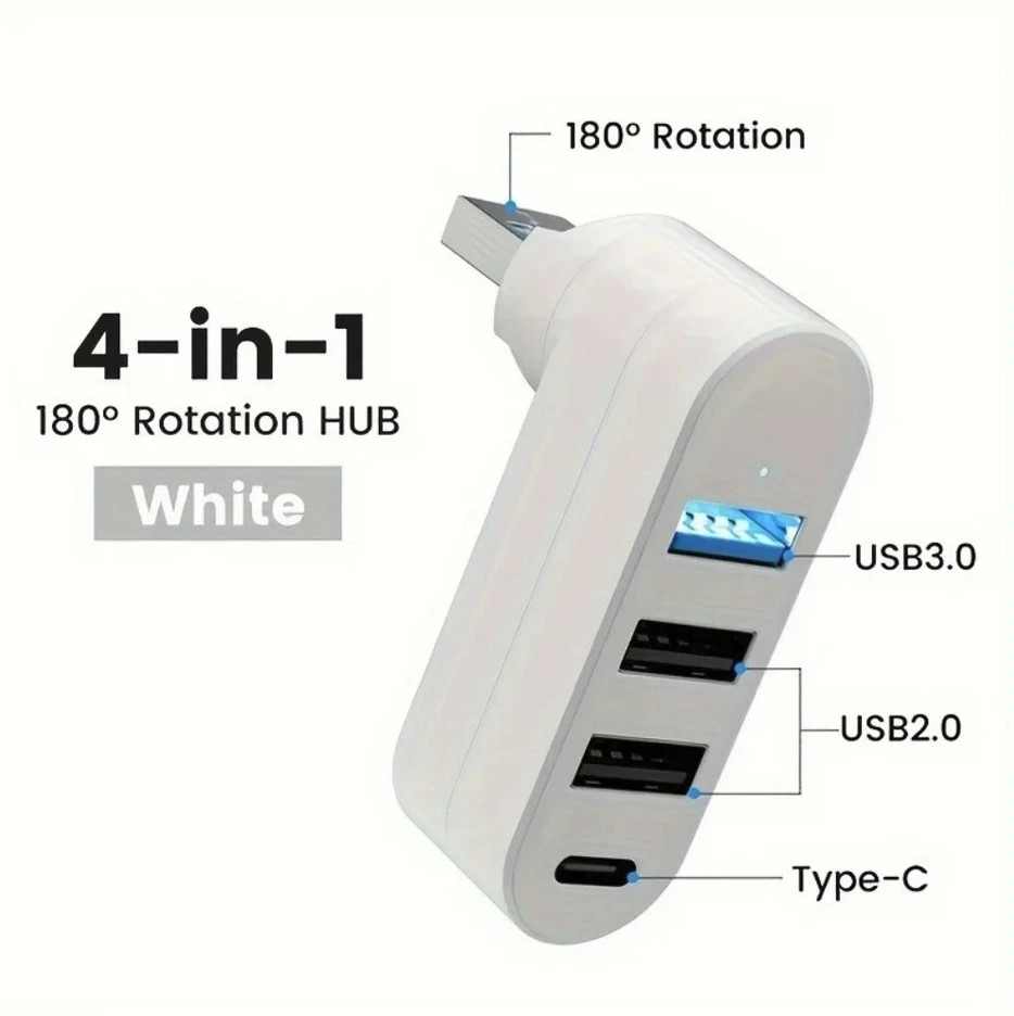 1 pcs USB 3.0/2.0 Hub 4-Port: Rotatable Type-C High Speed Data Splitter Adapter