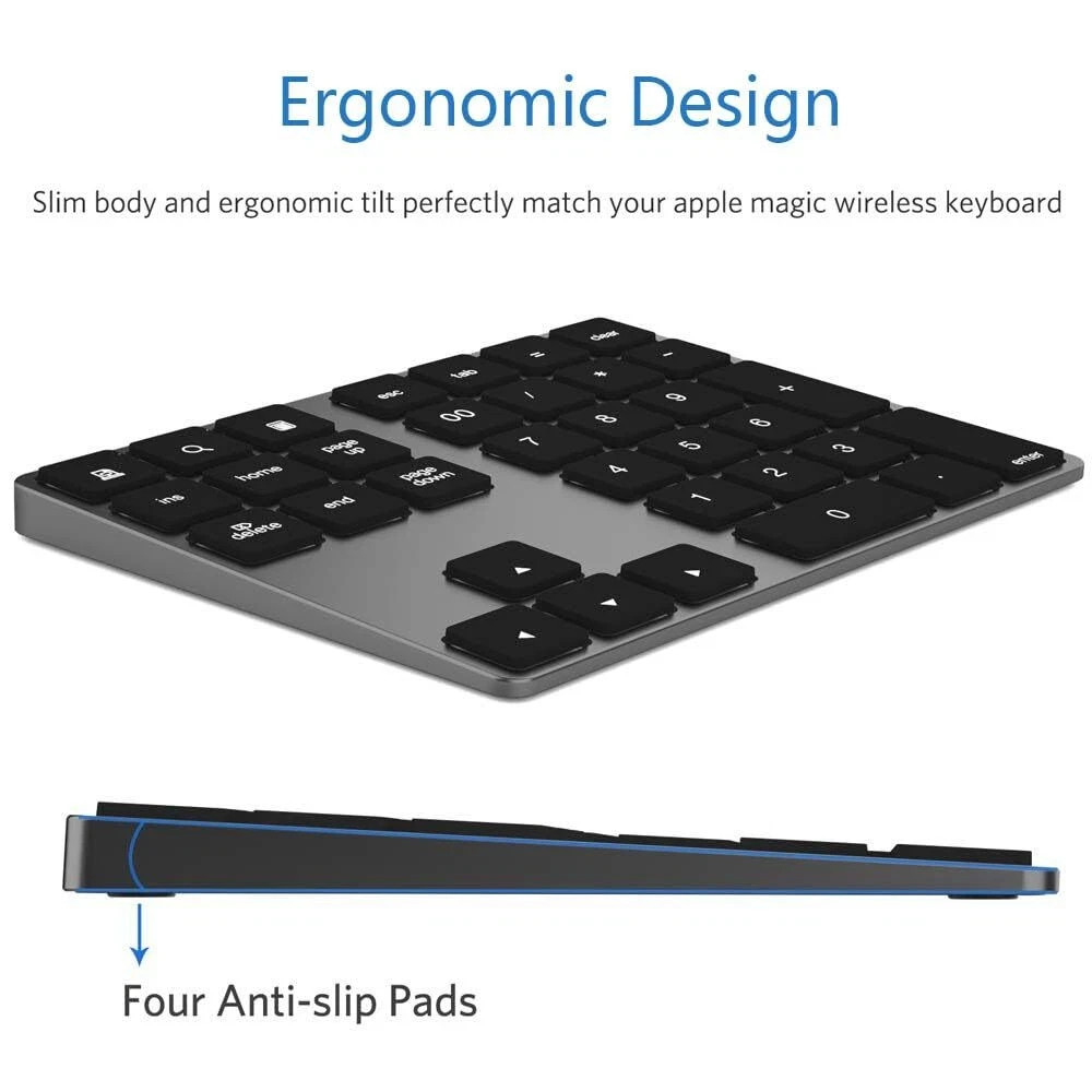 Bluetooth Number Pad Wireless USB-C Rechargeable 34-Keys for MacBook/PC