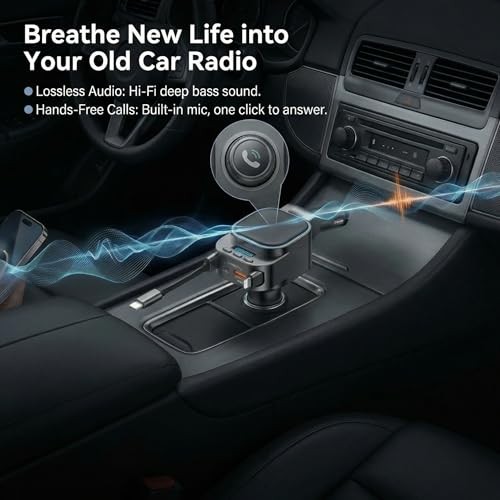Bluetooth Car Adapter FM Transmitter, 96W Retractable Charger, 4-in-1