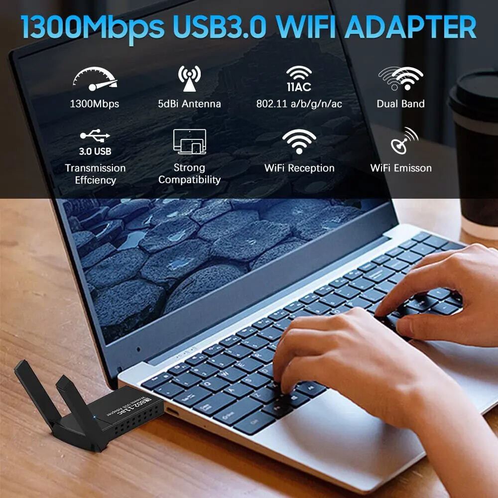 2X1 USB 3.0 Wireless WIFI Adapter 1300Mbps Long Range Dongle Dual Band Network