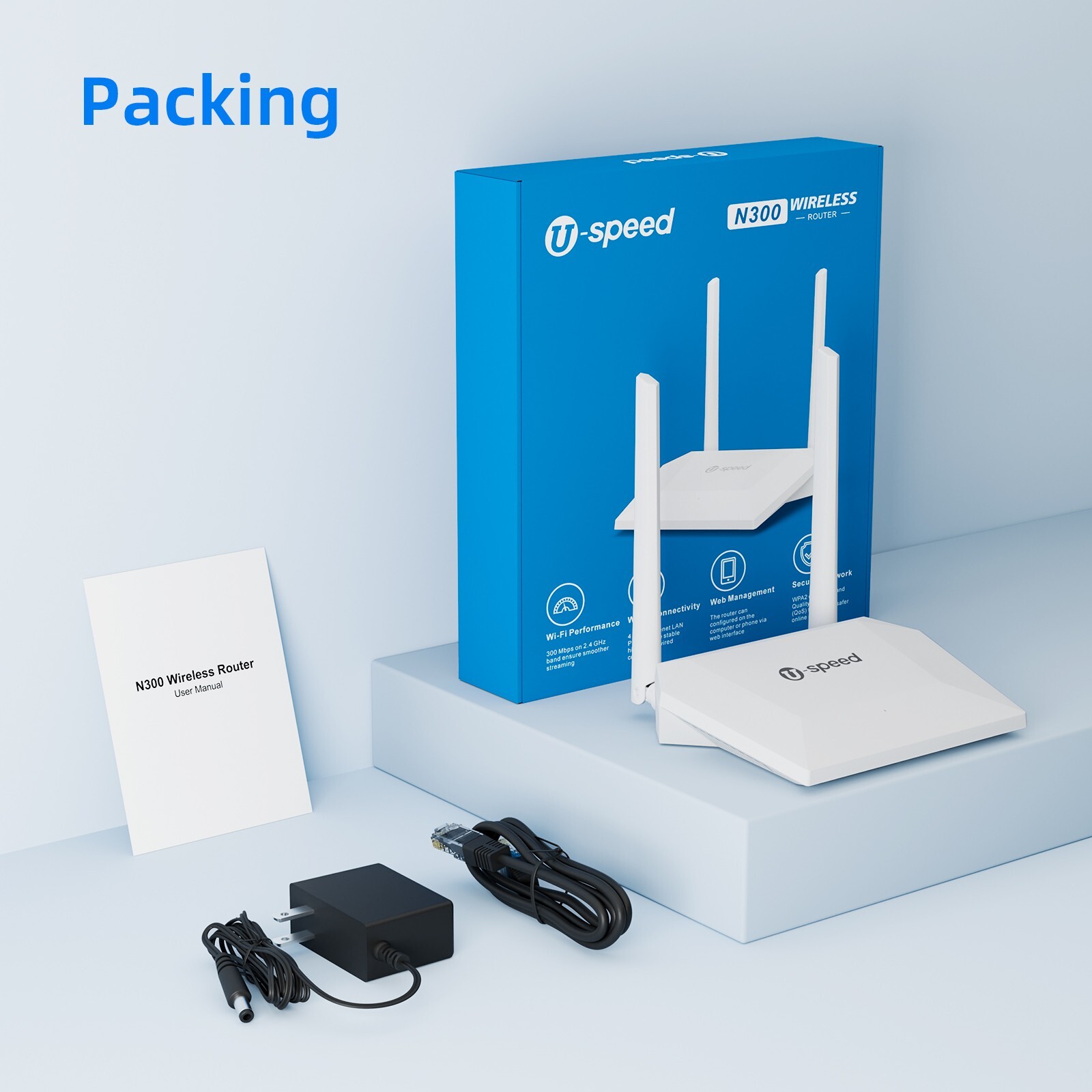 U-speed N300 WiFi Router 300Mpbs 2.4G Wireless Internet Router for Home Coverage