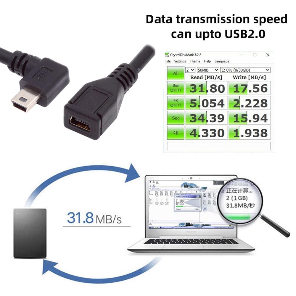 30cm 90 Degree Right Angled Mini USB 5-Pin Male to Female Extension Cable