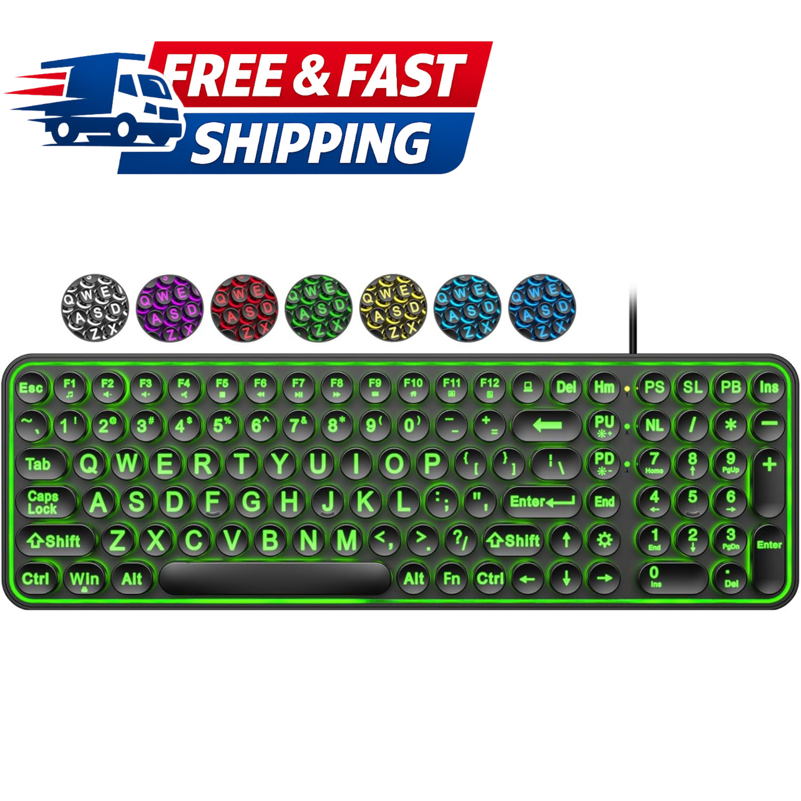 Large Print Backlit Keyboard,Usb Wired Lighted Computer Keyboard with 7-Color Ba