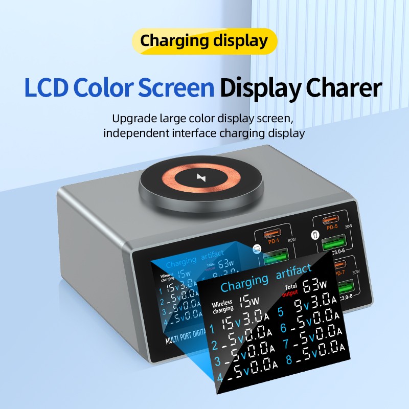 140W USB Charger with 8 USB Port 4 USB & 4 USB-C PD Fast Wireless Charger Dock