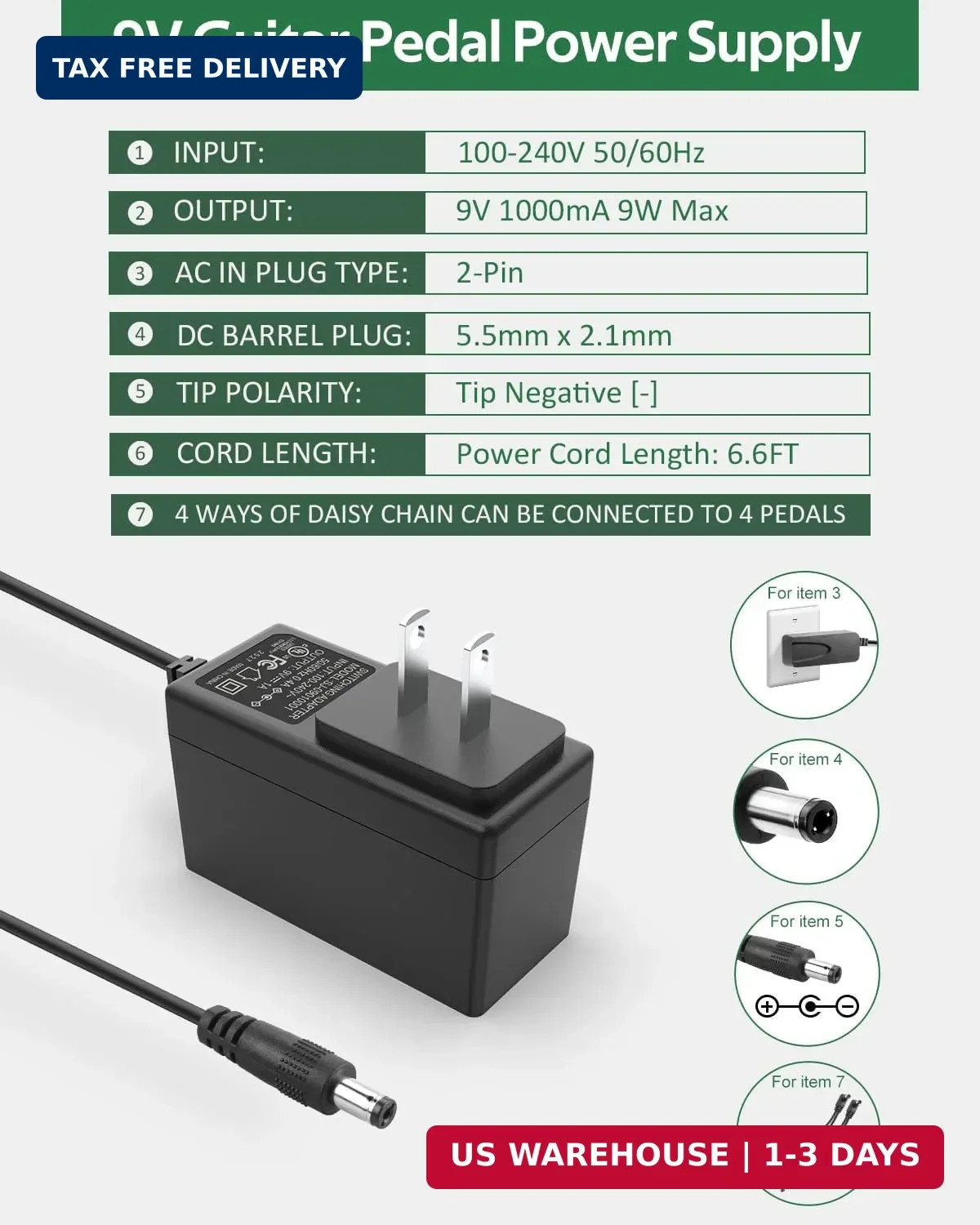 Guitar Pedal Power Supply, 9V, 1A, BOSS PSA Adapter 9V DC Power Supply for Gu…