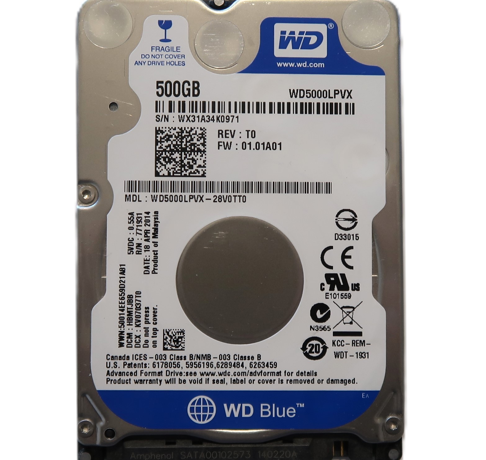 WD WD5000LPVX-28V0TT0 HBMTJBB (WX31) Malaysia 2.5″ 500gb Sata HDD APR/2014