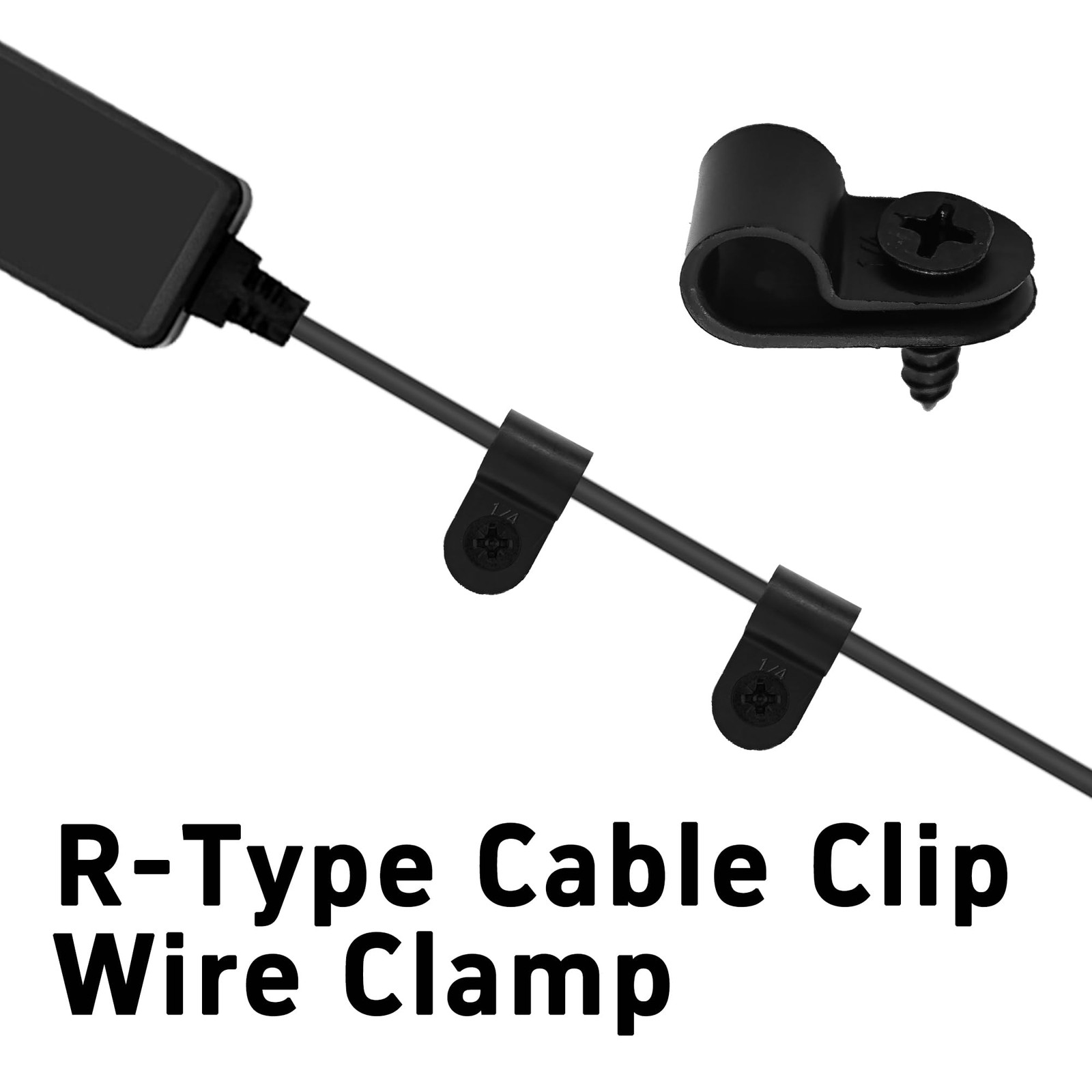 100 PCS RType Cable Clips 1/4″ Black Nylon Plastic Wire Clamps Screws Home