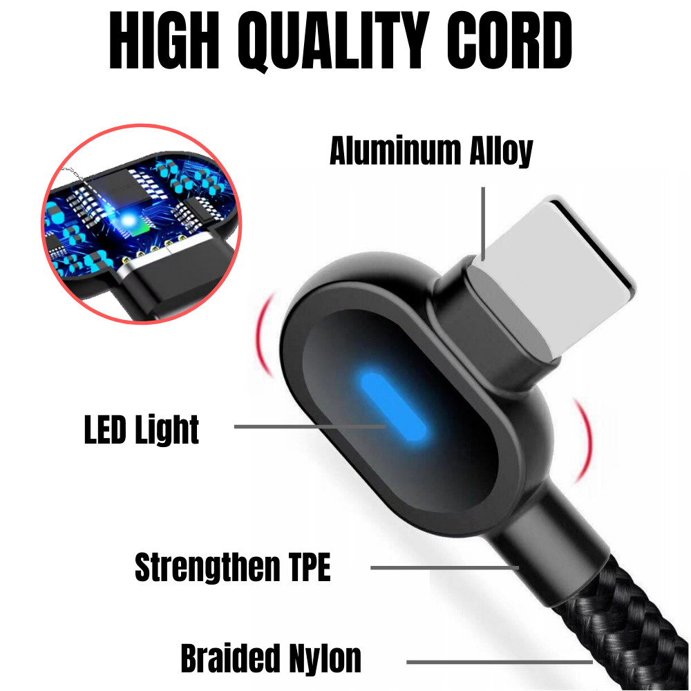 90 Degree USB Data Cable 3/6FT For iPhone 7 8 11 12 13 14 Charger Charging Cord