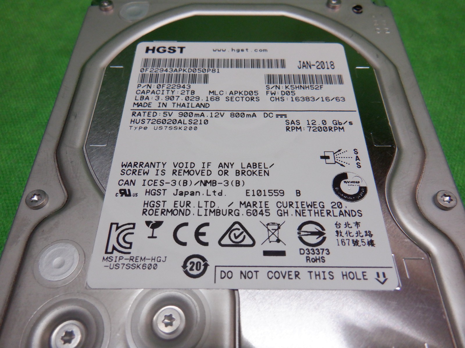 HGST 2TB LFF SAS Hard Disk Drive 0F22943 3.5″ 7.2k 12Gbps HDD 95% LIFE LEFT