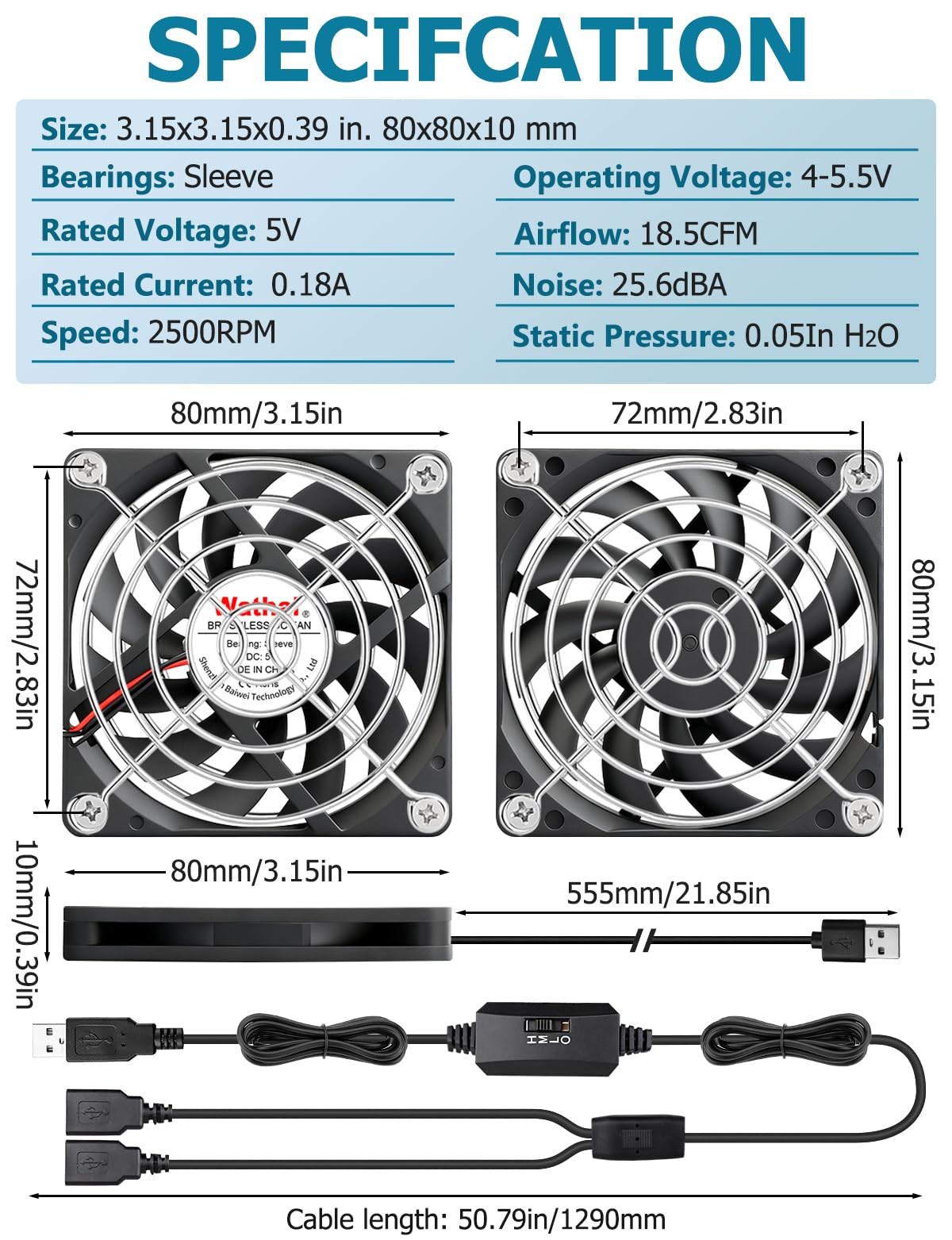 WWathai 2pcs 80mm x 10mm USB Computer Fan, USB Fans for Cooling Receiver DVR …