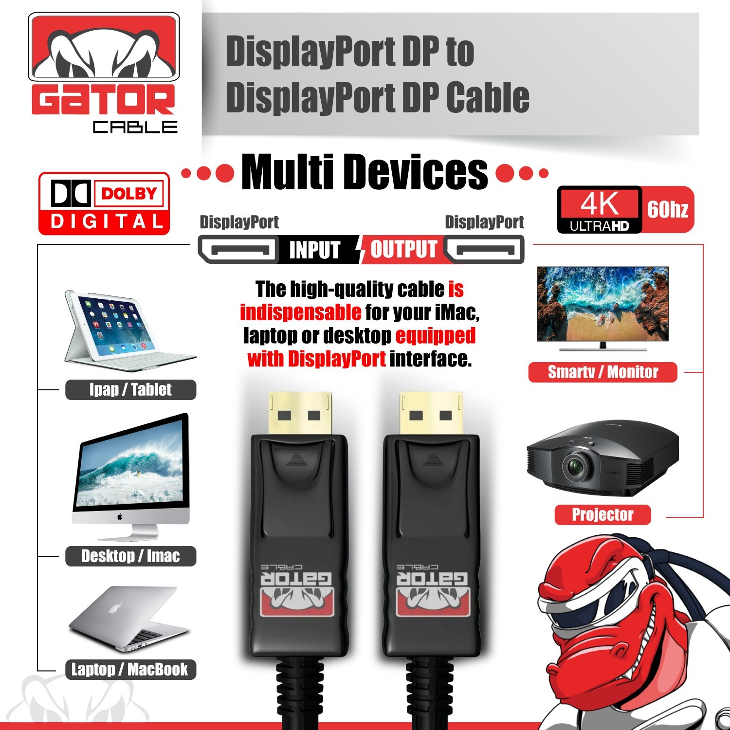 DisplayPort To DisplayPort Cable Male to Male 4K 60Hz Audio Video Display 6FT