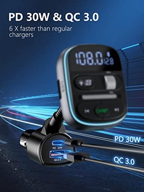 Bluetooth FM Transmitter PD 30W, Bluetooth Car Adapter with QC3.0 Fast