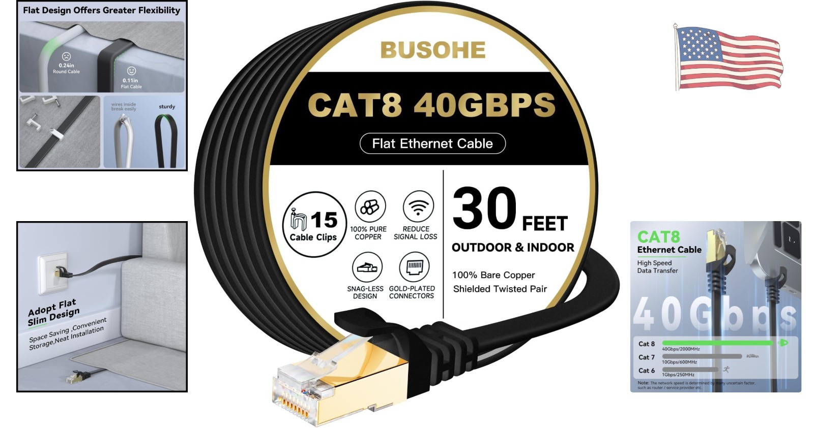 30FT Cat 8 Ethernet Cable – Durable, High-Speed Shielded Network Cord with Clips