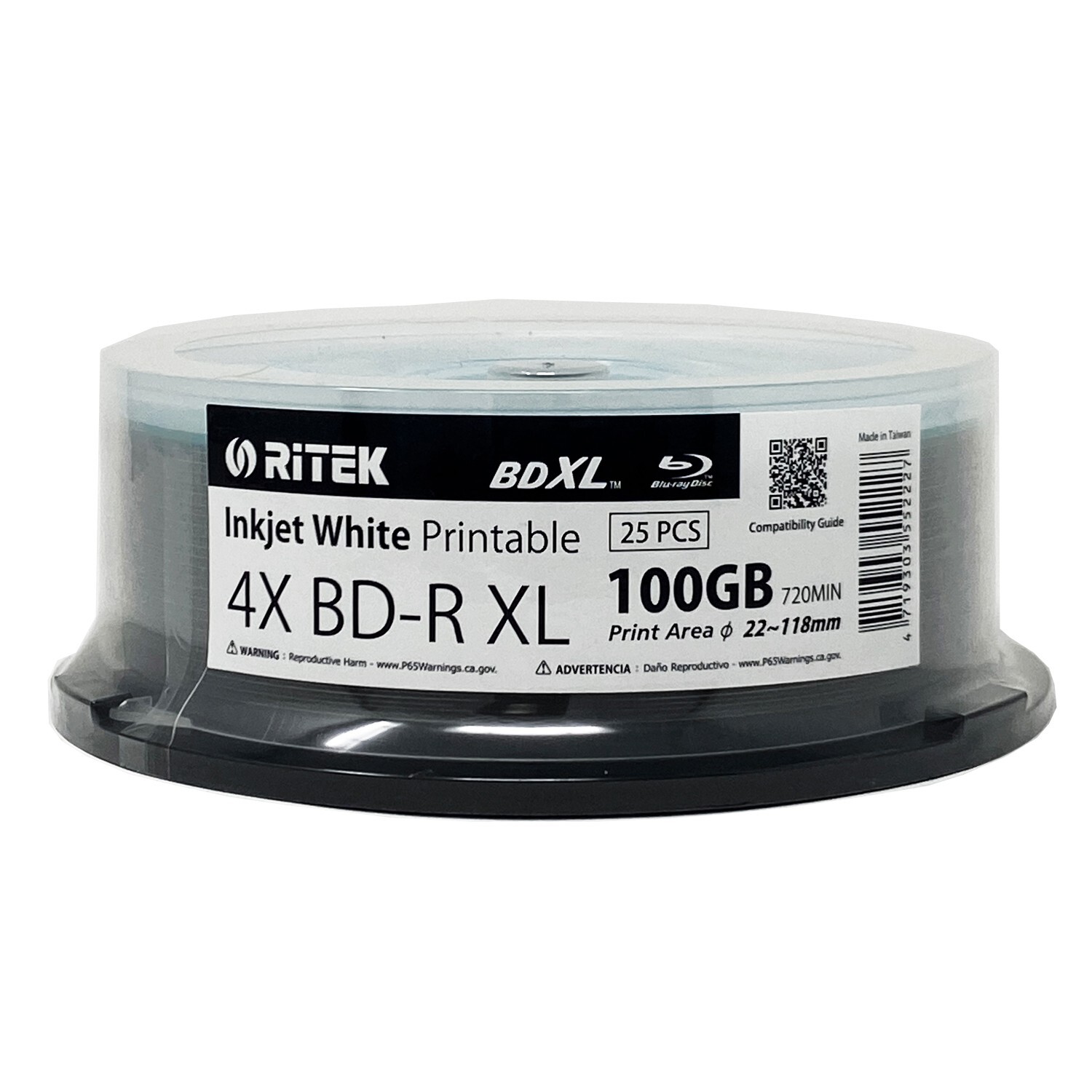 25 Ritek BD-R XL BDXL 4X 100GB Archival 3Layer White Inkjet Printable Blank Disc