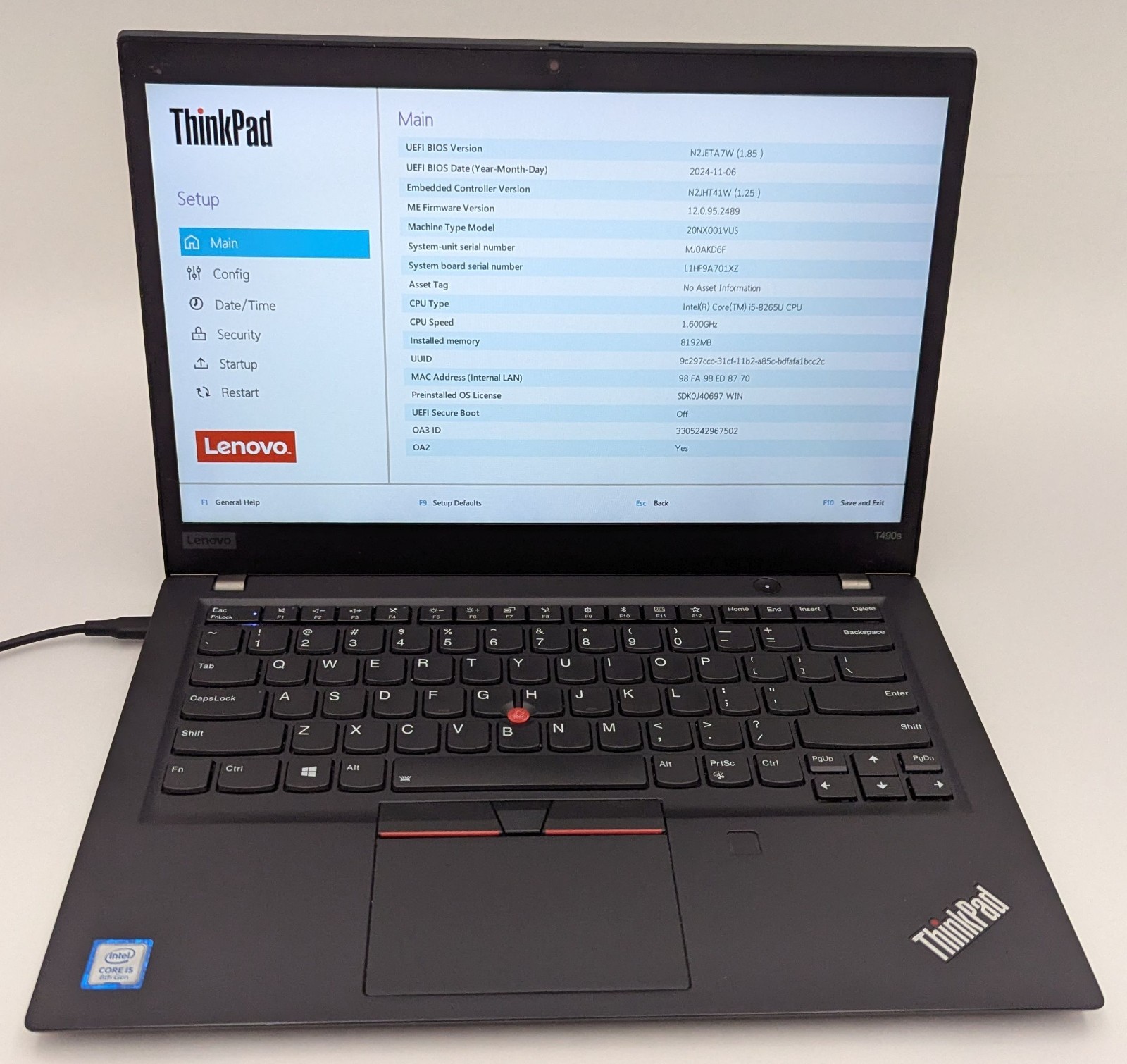 Lenovo ThinkPad T490s 14″ Laptop i5-8265U 1.60GHz 8GB RAM 256GB NVMe SSD Win 11