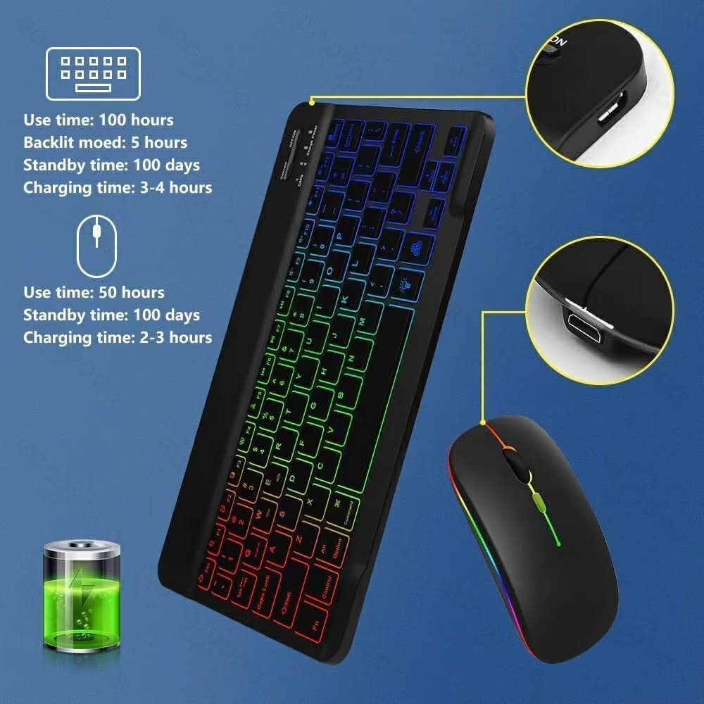7 Colors Backlit Ultra-Slim Universal Bluetooth Keyboard and Mouse Rechargeable