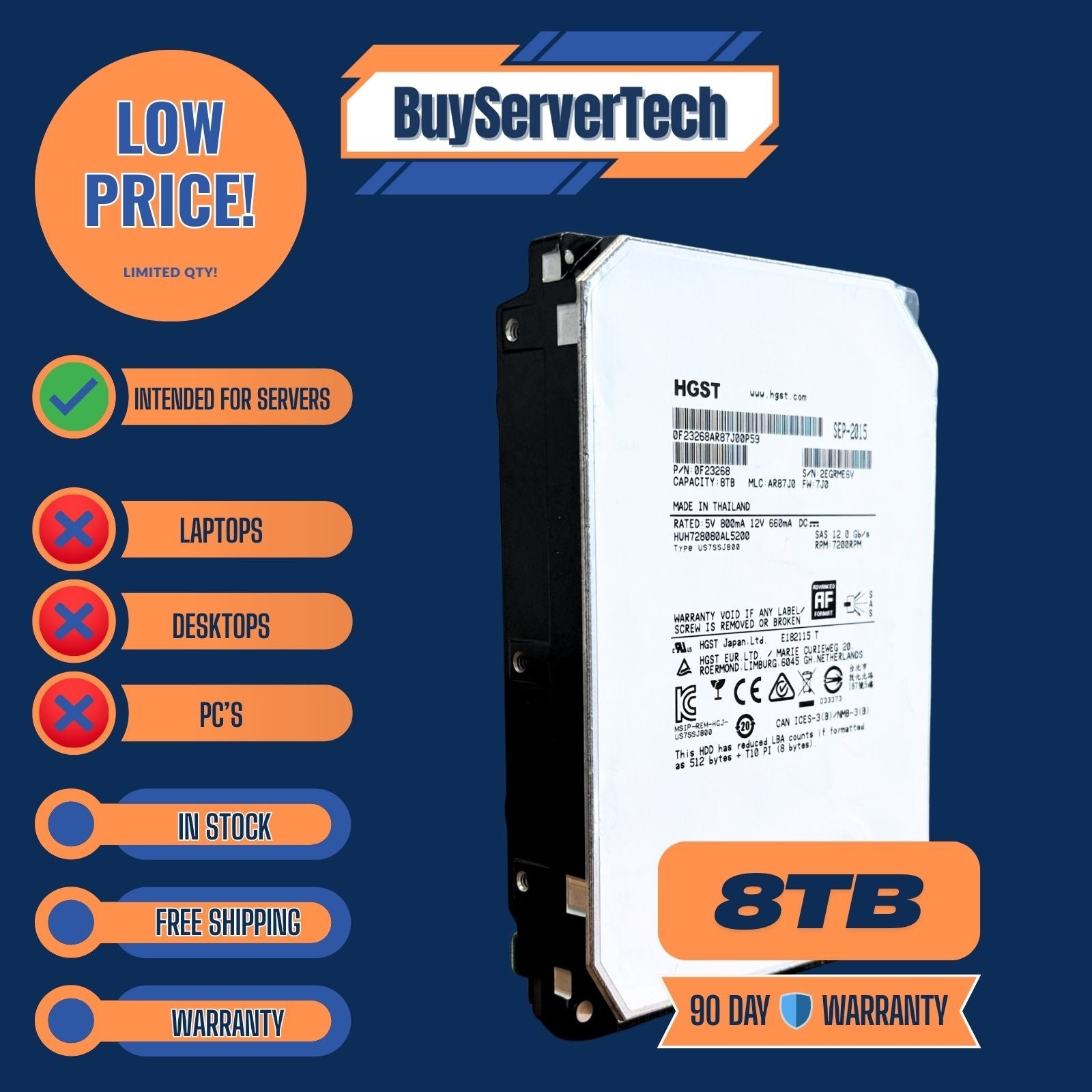 HGST 0F23268 8TB SAS 12Gb/s 3.5″ HUH728080AL5200 Enterprise HDD 7200RPM 512e HDD