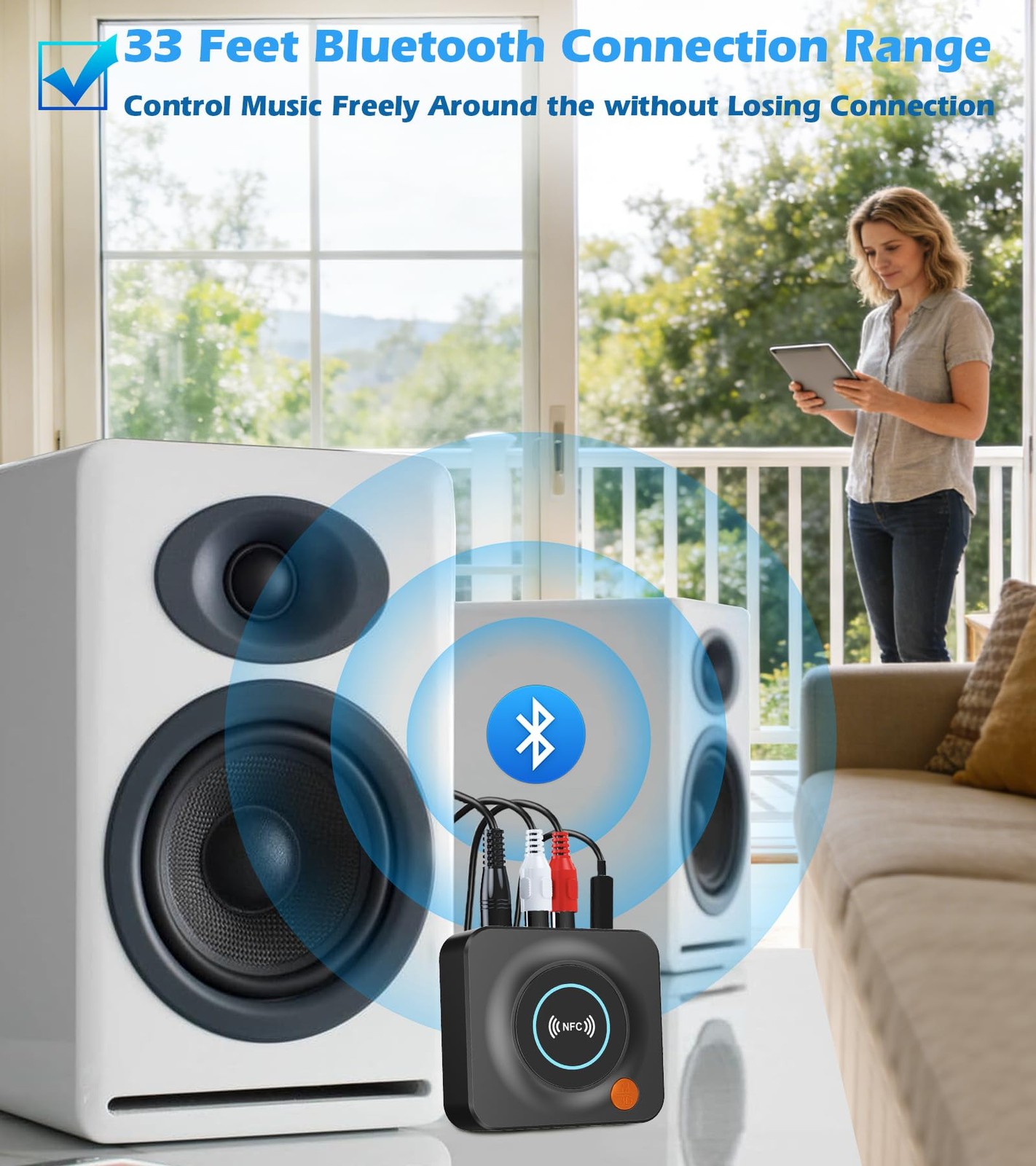 Bluetooth Receiver for Home Stereo, AUX RCA Adapter, NFC, 33ft Range