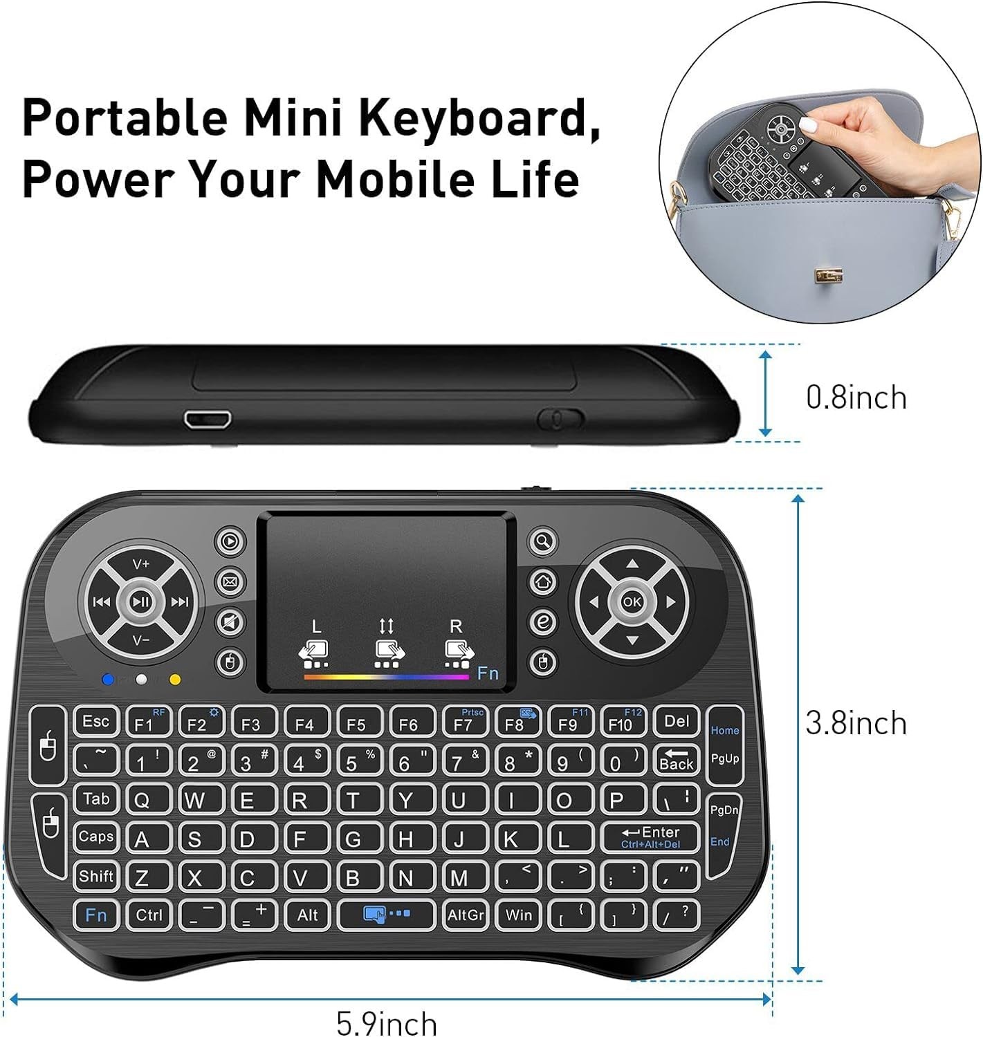 Mini Wireless Keyboard RGB Backlit Touchpad 2.4GHz Rechargeable