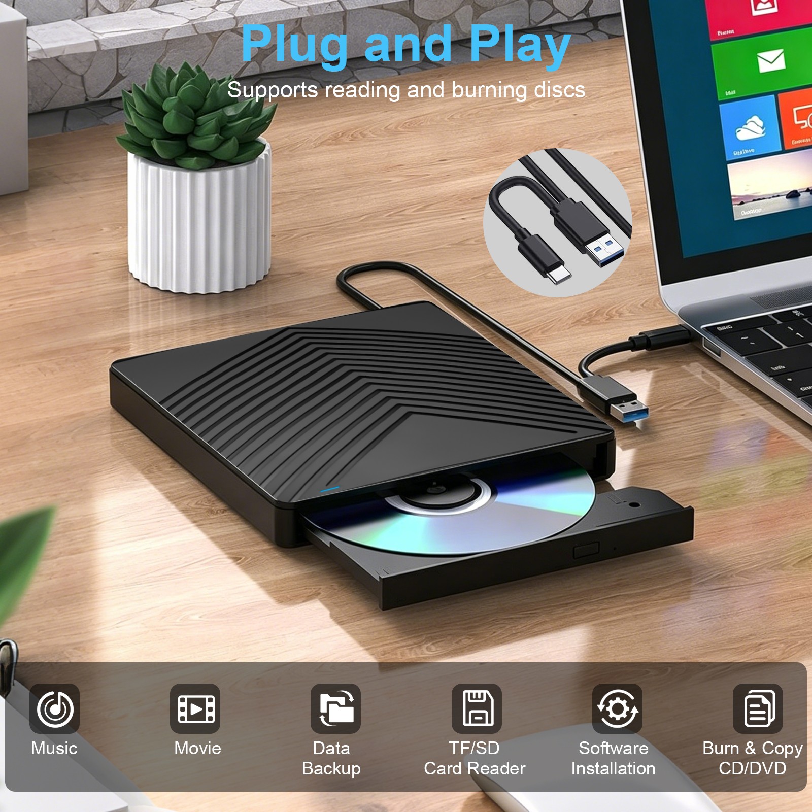 External CD DVD Drive for PC Laptop Windows 11 10 USB 3.0 Burner Reader Writer