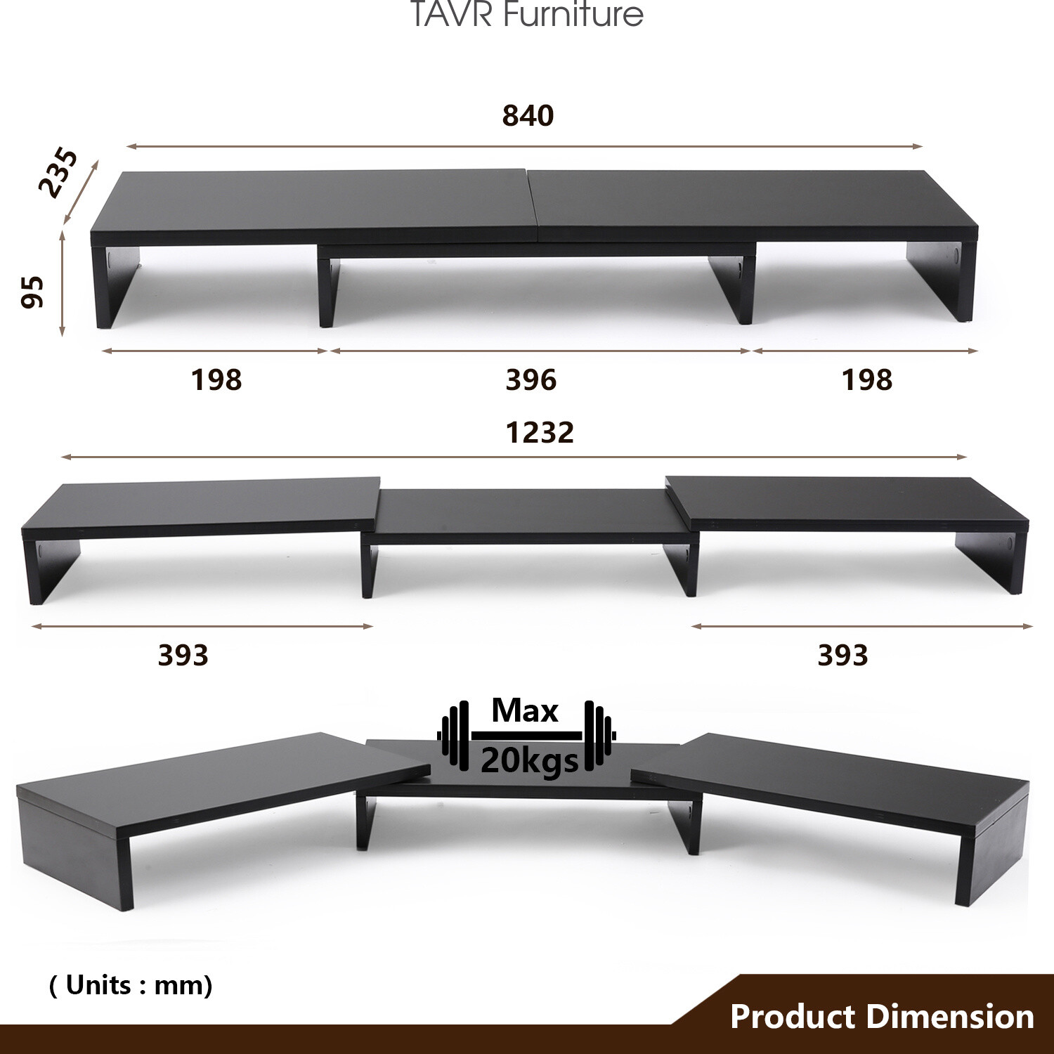 Wood Dual Monitor Desktop Stand Risers with Length and Angle Adjustable 3 Shelf